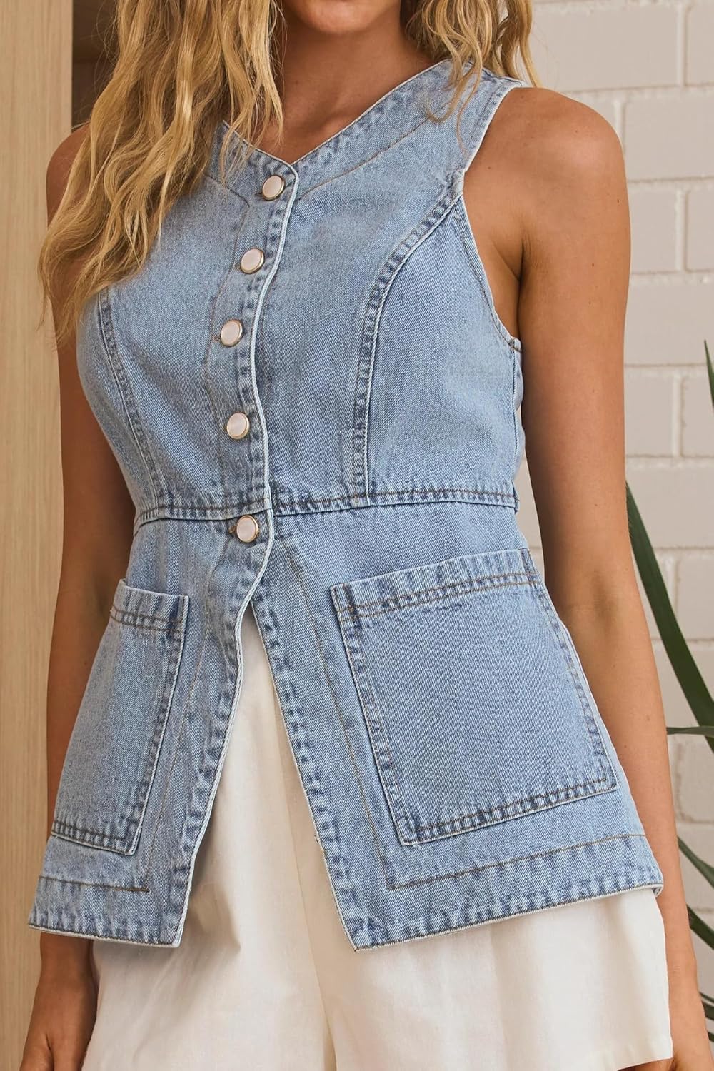 Denim Vest for Women Button Up Dressy Sleeveless Blazer Long Jean Vest Tank Top with Pockets