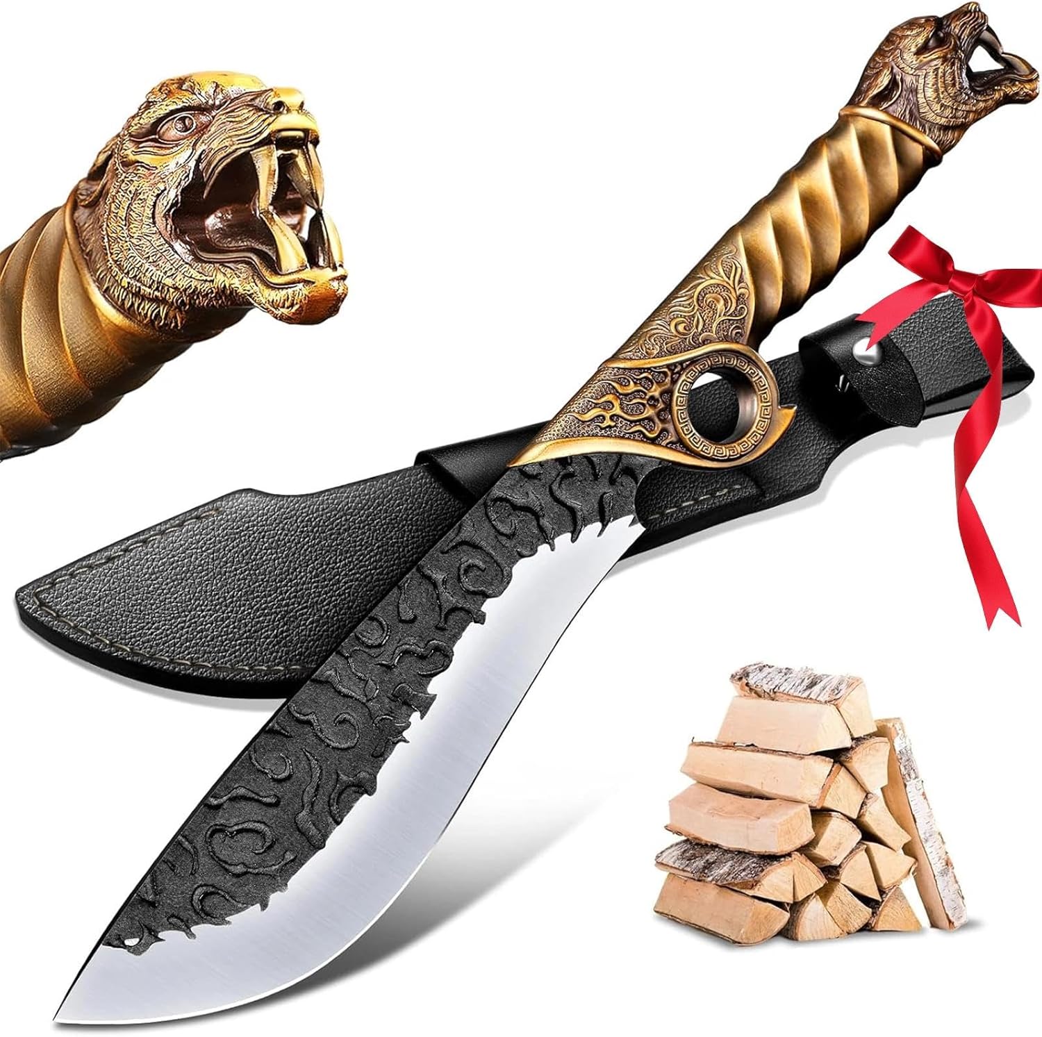 Purple Dragon Heavy Duty Machete for Cutting Trees – Japanese Forged Survival Machete with Tiger Head Handle, Gardening Machetes with Leather Sheath, Yard Work & Outdoor Camping Machetes