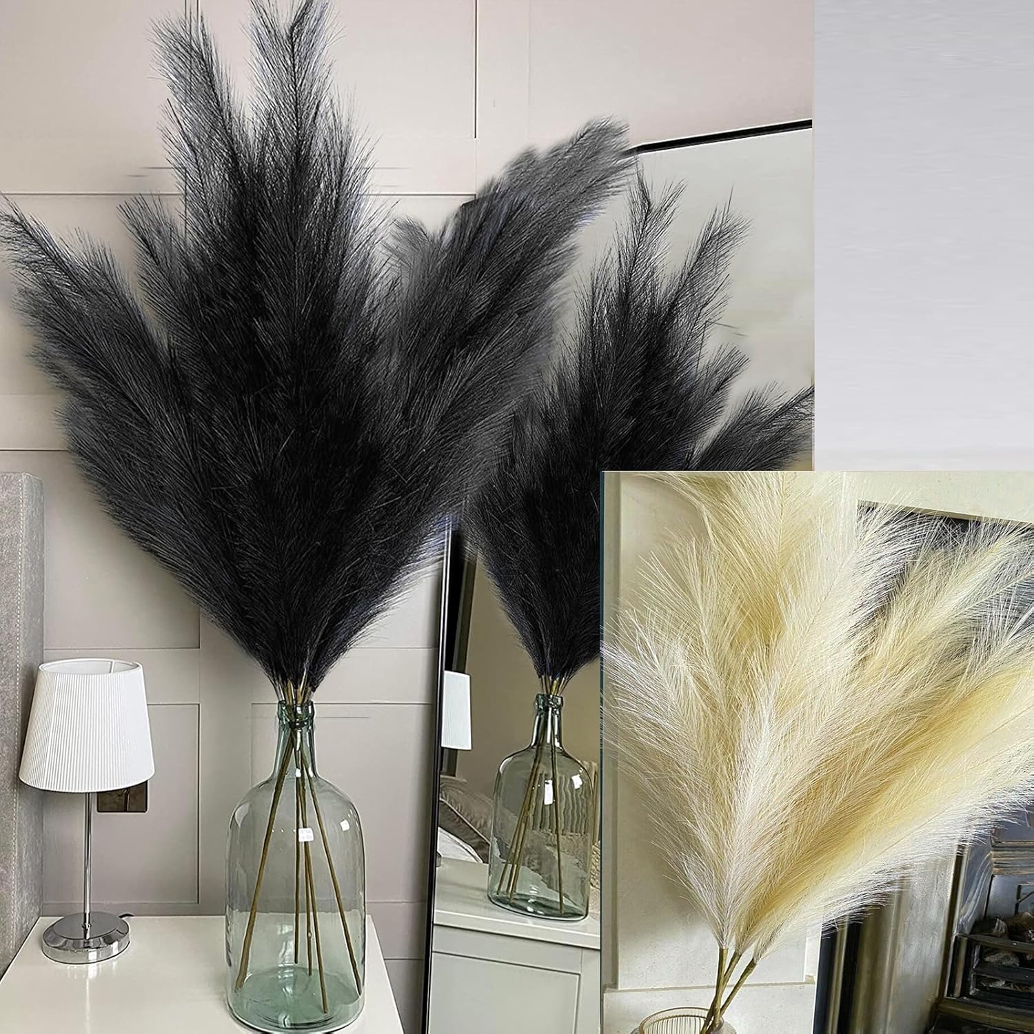 38" Faux Pampas Grass Decor Black & Beige - Artificial Pampas Grass Small Pampas Grass Fluffy Pompas Floral Arrangement