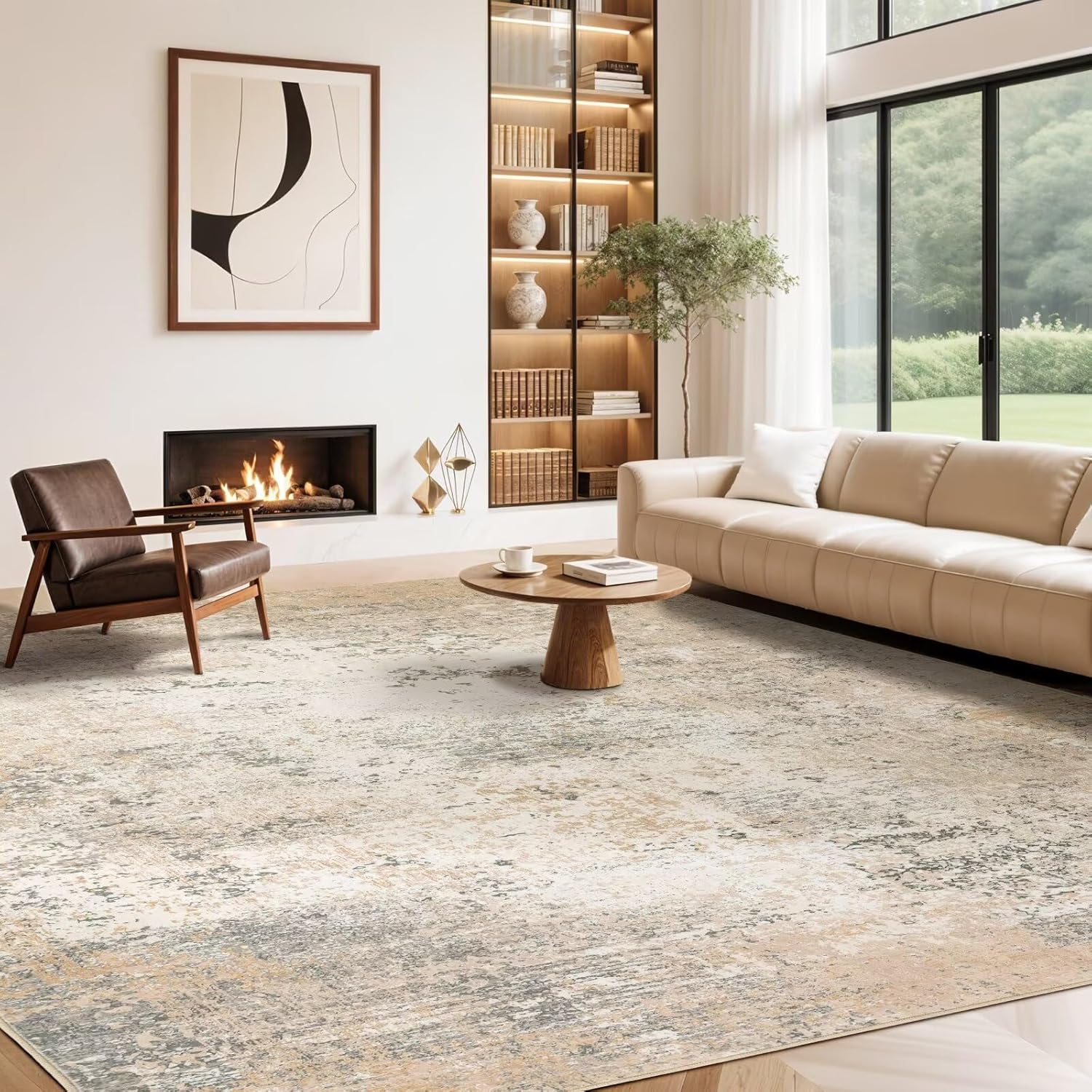 Rwlvpe Washable Rug 8x10 Area Rugs for Living Room,Non Slip Stain Resistance,Modern Abstract Rug for Bedroom, Durable & Ultra-Thin Vintage Large Area Rug(Beige, 8'x10')