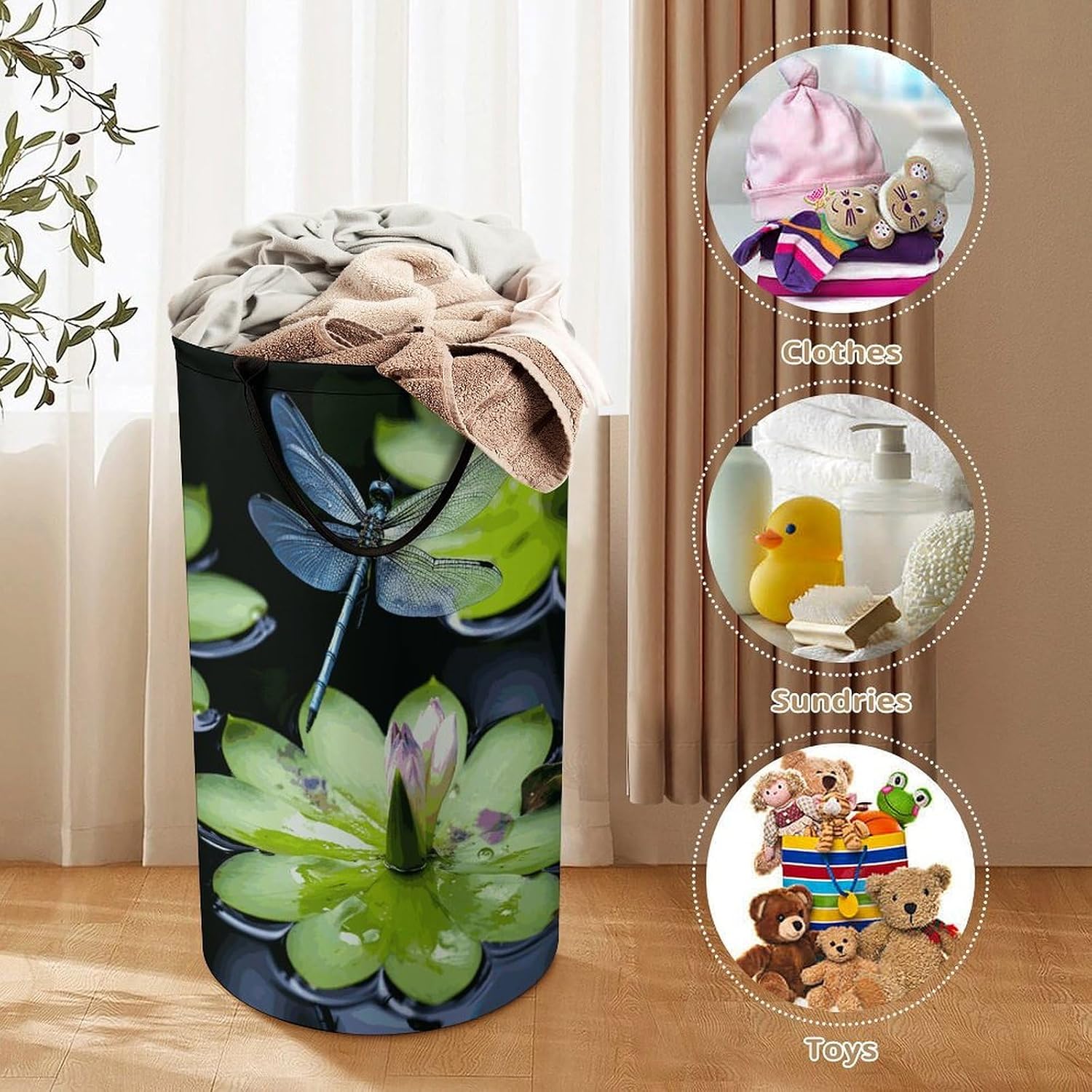 Dragonfly Flies Over Laundry Basket Dirty Clothes Bin, Waterproof Laundry Hamper, Laundry Bag, Clothes Hamper Stands for Bedroom, Towels,Clothings image 3
