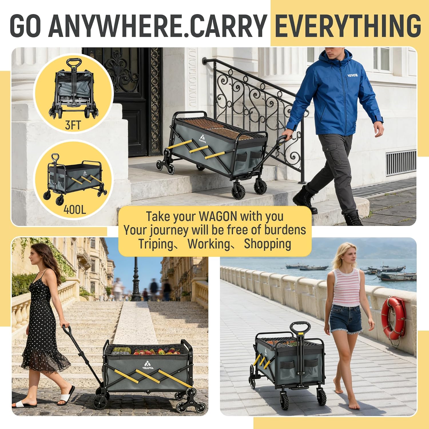 Folding Utility Cart with Triangular Wheels - 2 in 1 Collapsible Stairs Climbing Wagon, Lightweight Shopping Hand Truck with Telescoping Handle for Groceries, Laundry, Travel, Move, Office