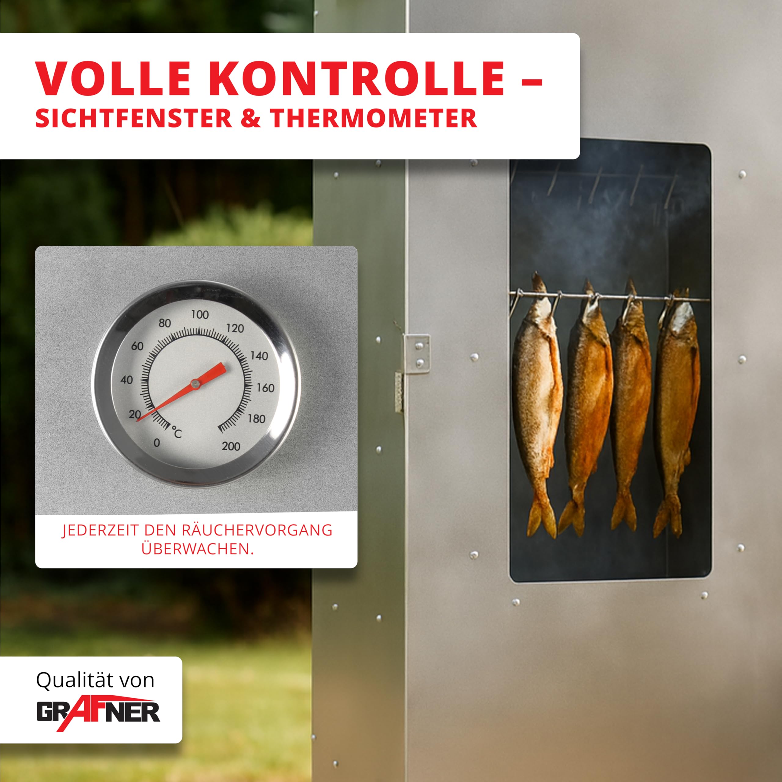 Grafner XXL Räucherofen mit 6 Etagen, Sichtfenster und Thermometer, legierter Stahl, 12x Haken, Räucherschrank zum Heißräuchern und Kalträuchern, Smoker für Fisch Fleisch Käse Gemüse