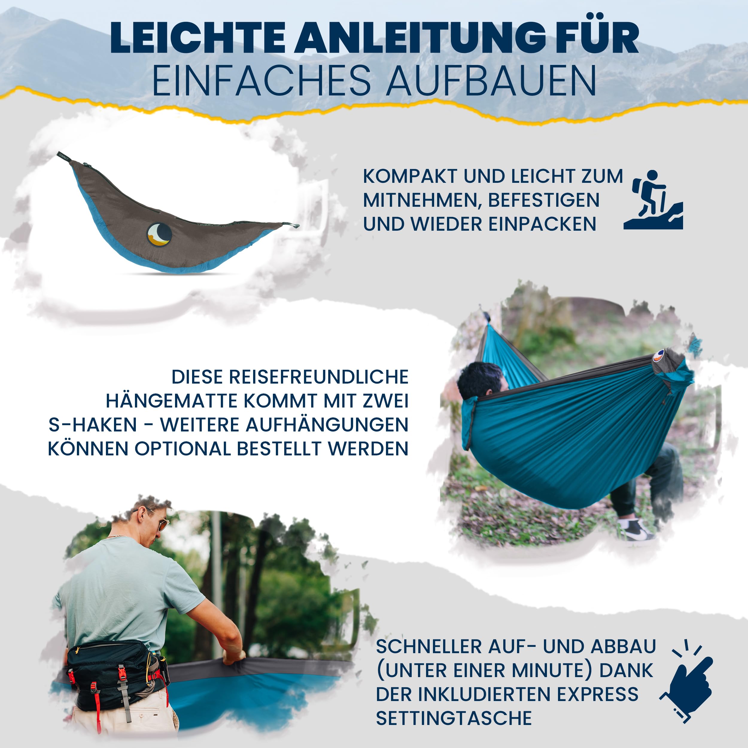 Ticket to the Moon Original per 1-2 Persone, commercio equo & fatta a mano, leggera ACQUA/GRIGIO SCURO per viaggiare, il campeggio e l'uso quotidiano, XL 3.2 * 2m, 600g, nylon paracadute in seta