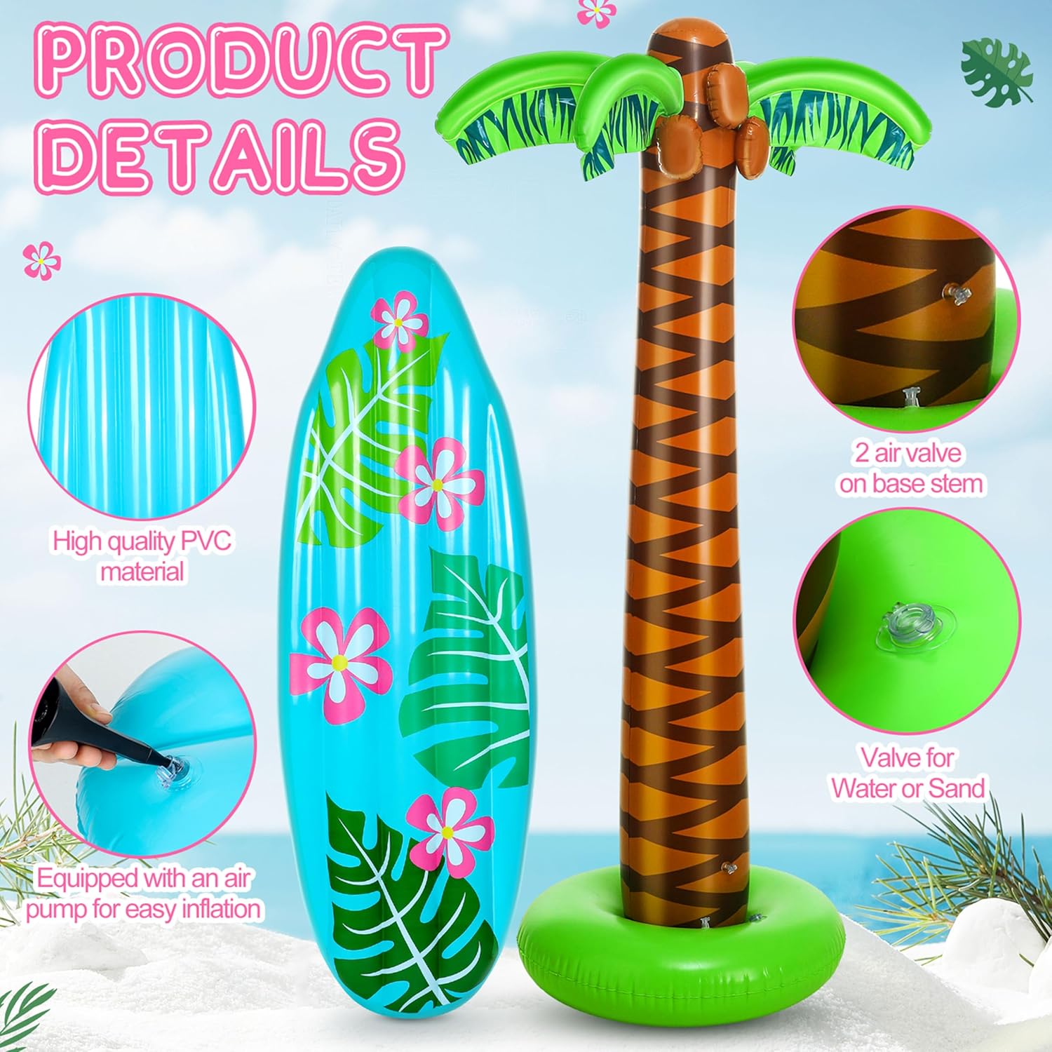 JellyArch 2 Pcs Summer Inflatable Palm Tree and Surfboard Set 70 Inches Blow up Palm Trees and 35.5 Inch Inflatable Surf Board Float with Hand Pump for Hawaiian Beach Tropical Luau Pool Party