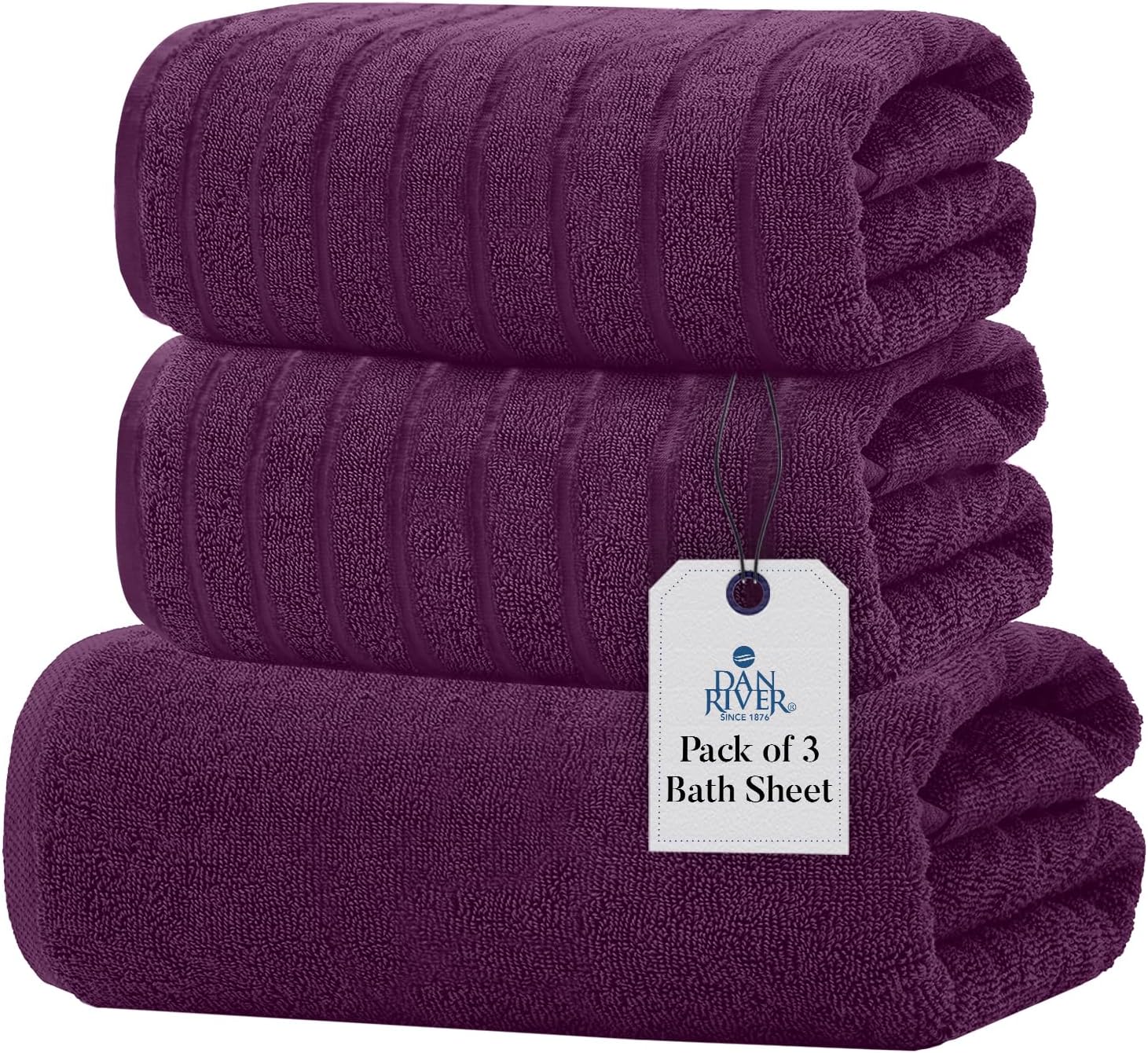 DAN RIVER 3-Piece Towel Set: 1 Oversized Bath Sheet (40x80 Inches) & 2 Bath Sheets (35x70 Inches), 550 GSM - Purple Passion