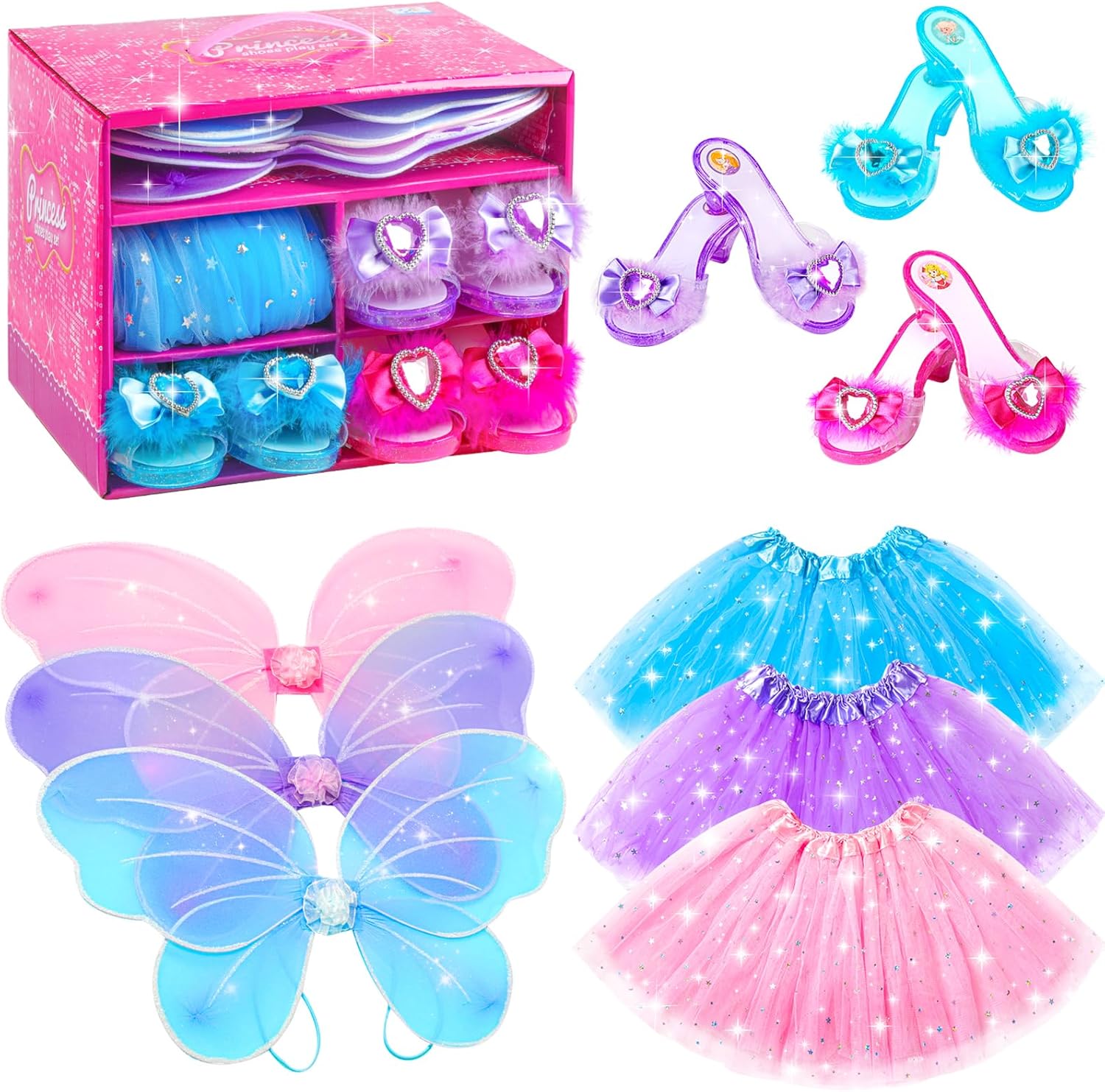 Princess Dresses with Fairy Wings, Dress Up Clothes Pretend Play Costumes Trunk with 3 Sets of Princess Dress Up Shoes, Glitter Girls Tutu Skirts and Butterfly Wings, Toys for 3-6 yr Girls