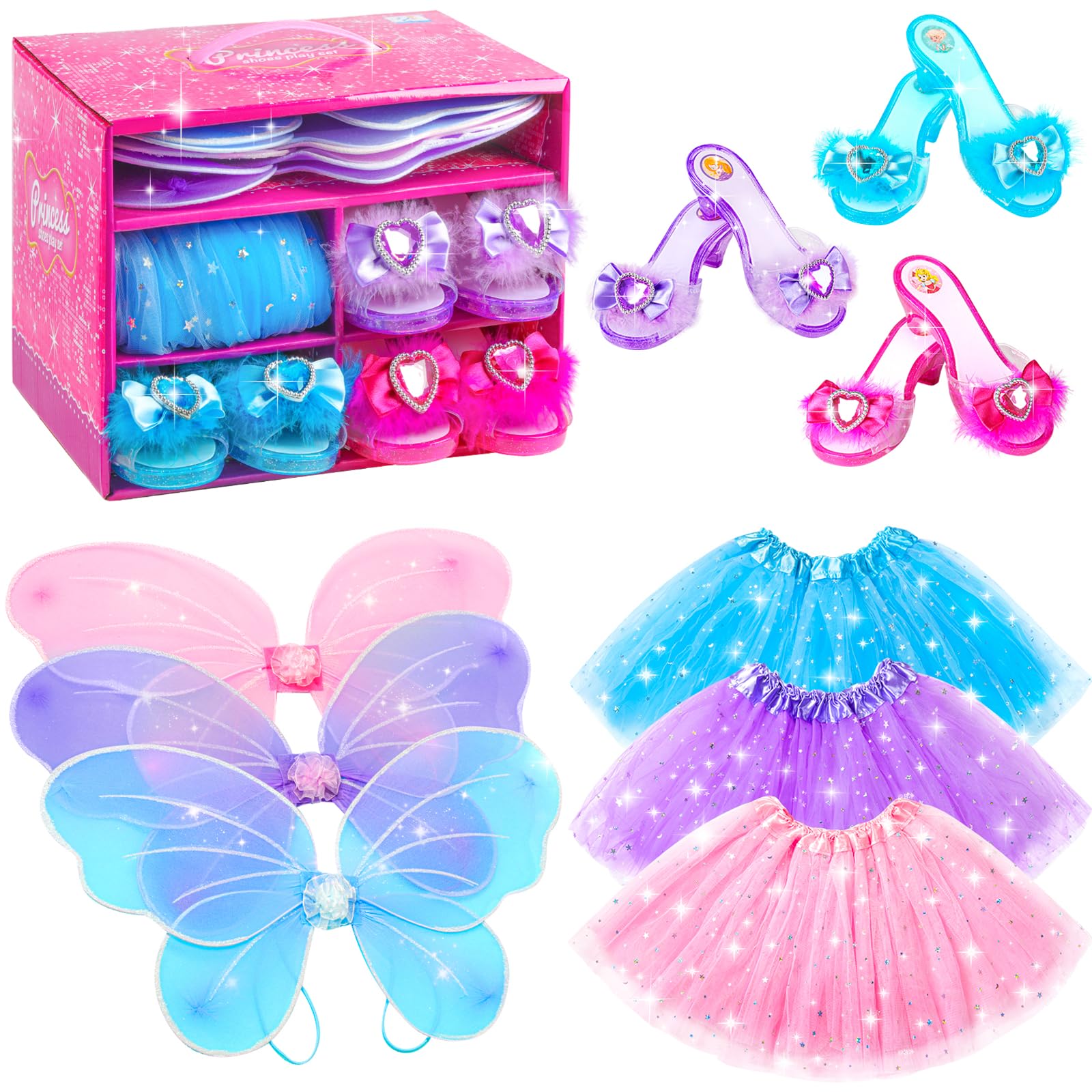 BIBUTY Princess Dresses with Fairy Wings, Dress Up Clothes Pretend Play Costumes Trunk with 3 Sets of Princess Dress Up Shoes, Glitter Girls Tutu Skirts and Butterfly Wings, Toys for 3-6 yr Girls