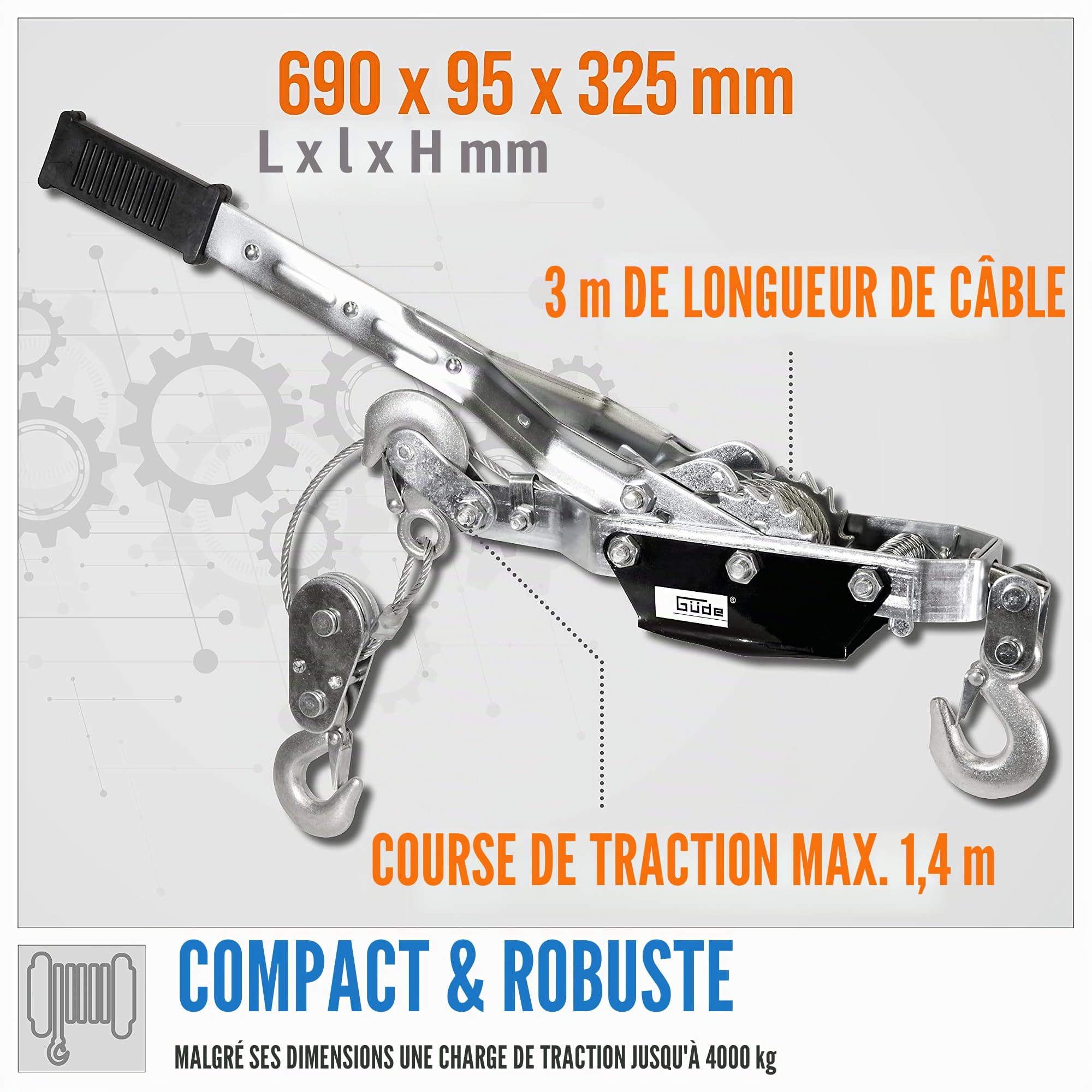 Güde 38351 Câble à levier manuel HS 4000 (construction stable en acier galvanisé, cliquet double sécurisé, poulie de renvoi)