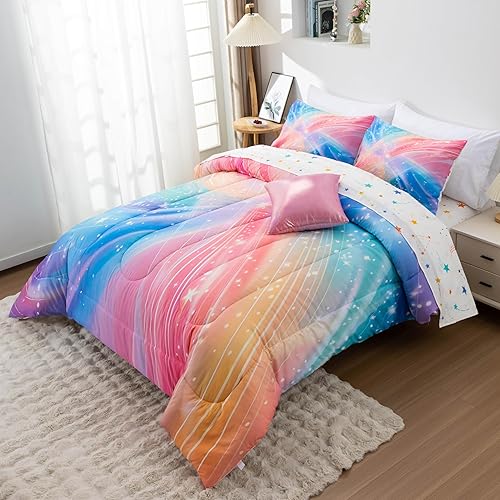 Miniatura 5 de Btargot Juego de edredón súper suave de 6 piezas con anillo de estrella degradada, juego de ropa de cama colorido con patrón de estrellas arcoíris