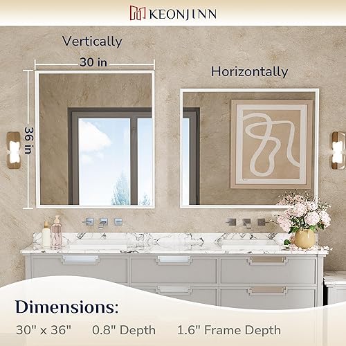 Miniatura 495 de Keonjinn Espejo de baño dorado de 48 x 36 pulgadas, espejo rectangular con marco de metal dorado cepillado, espejo de pared grande rectangular