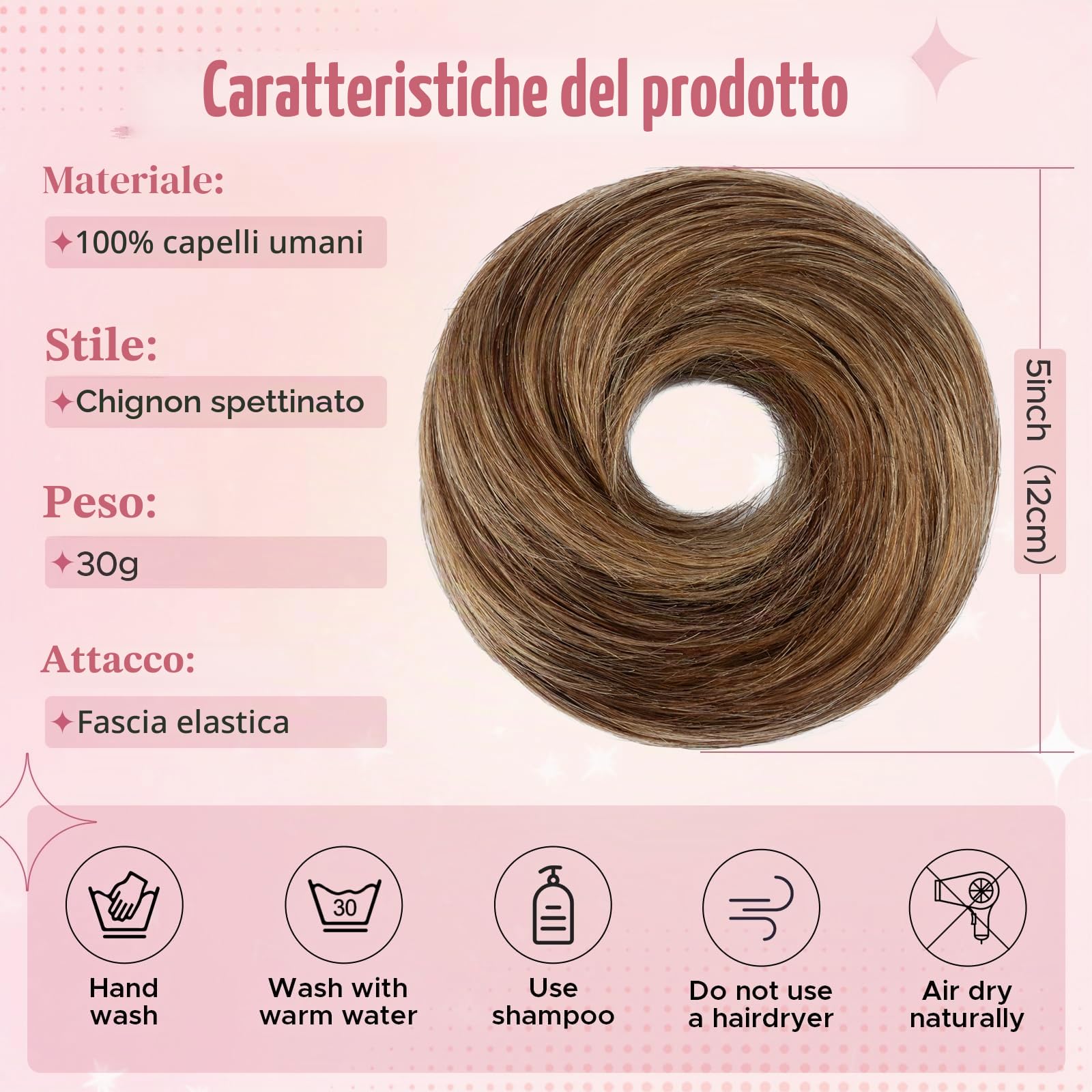 Capelli veri da 30 g, con elastico, chignon disordinato, per donne, lisci, elastici, chignon, chignon, marrone medio con accenti biondo scuro