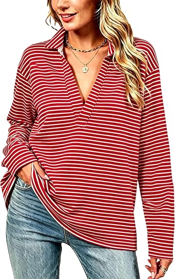 Zontroldy Womens Fuzzy Fleece V Neck Pullover Sweatshirt Jacket Long Sleeve Solid Henley Shirt Sherpa Top1556-RedStripe-XL
