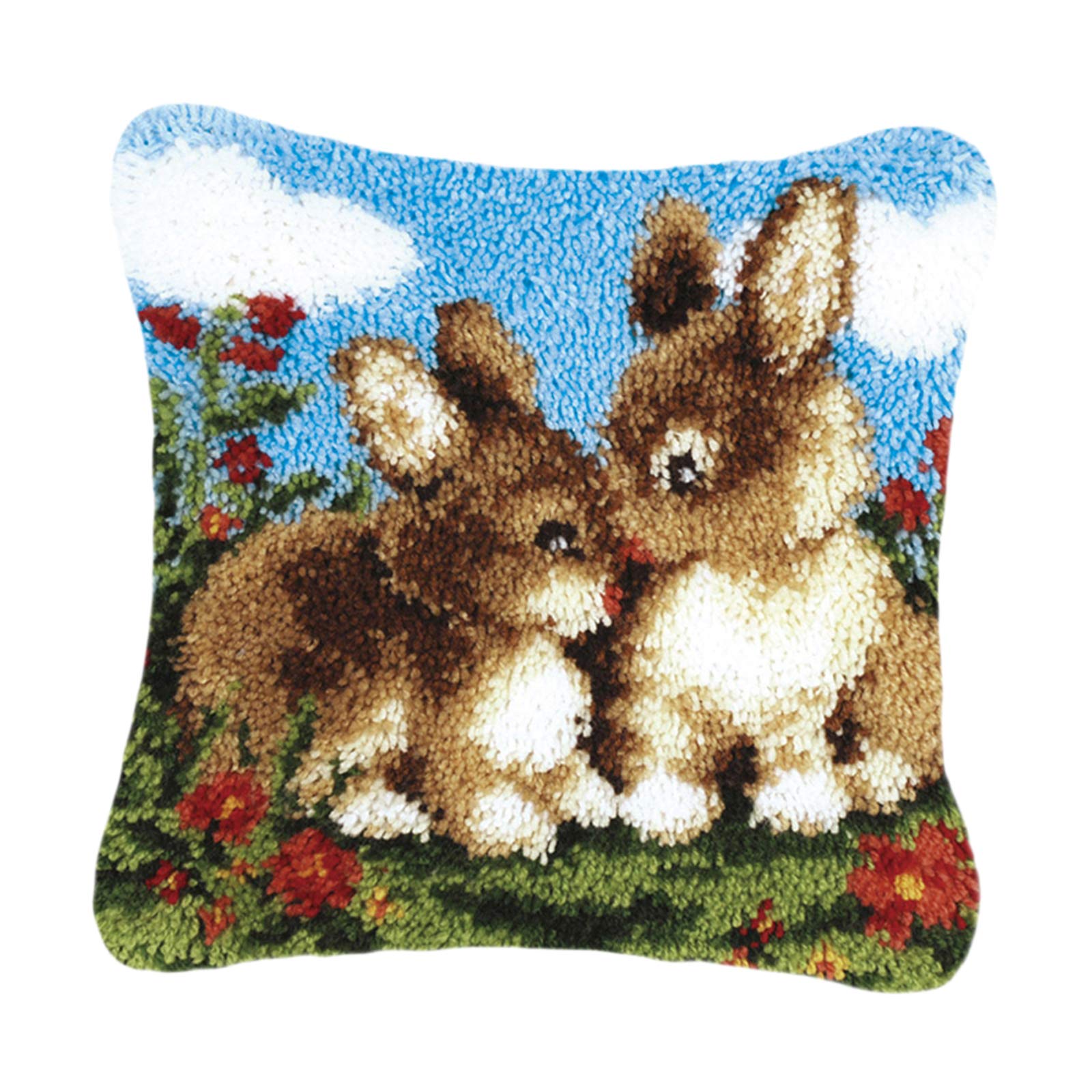 Milageto 17x17 in DIY Latch Hook Kit Rug Making Crafts for Kids and Adults Embroidery Carpet Cushion Bolster Pillowcase Needlework Sewing Tool, Rabbits, 43x43cm