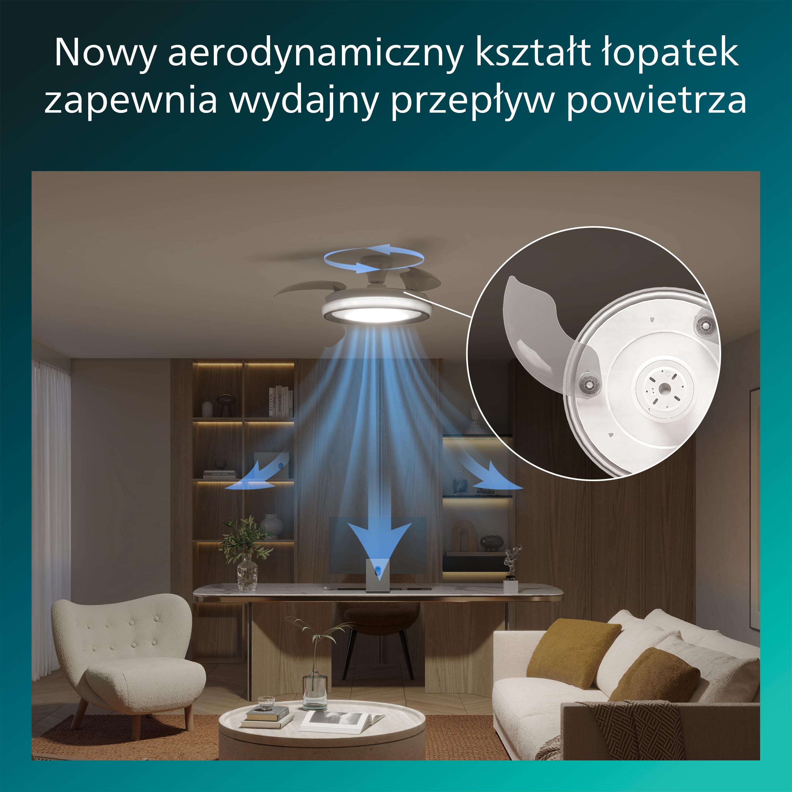 Chowany Wentylator Sufitowy Philips Bliss z Oświetleniem LED, 3 Łopatki, 106 cm, 4500 Lumenów, Regulowana Barwa 3000–6500 K, Przyciemnianie do 5%, Pilot, Biały Sparkle