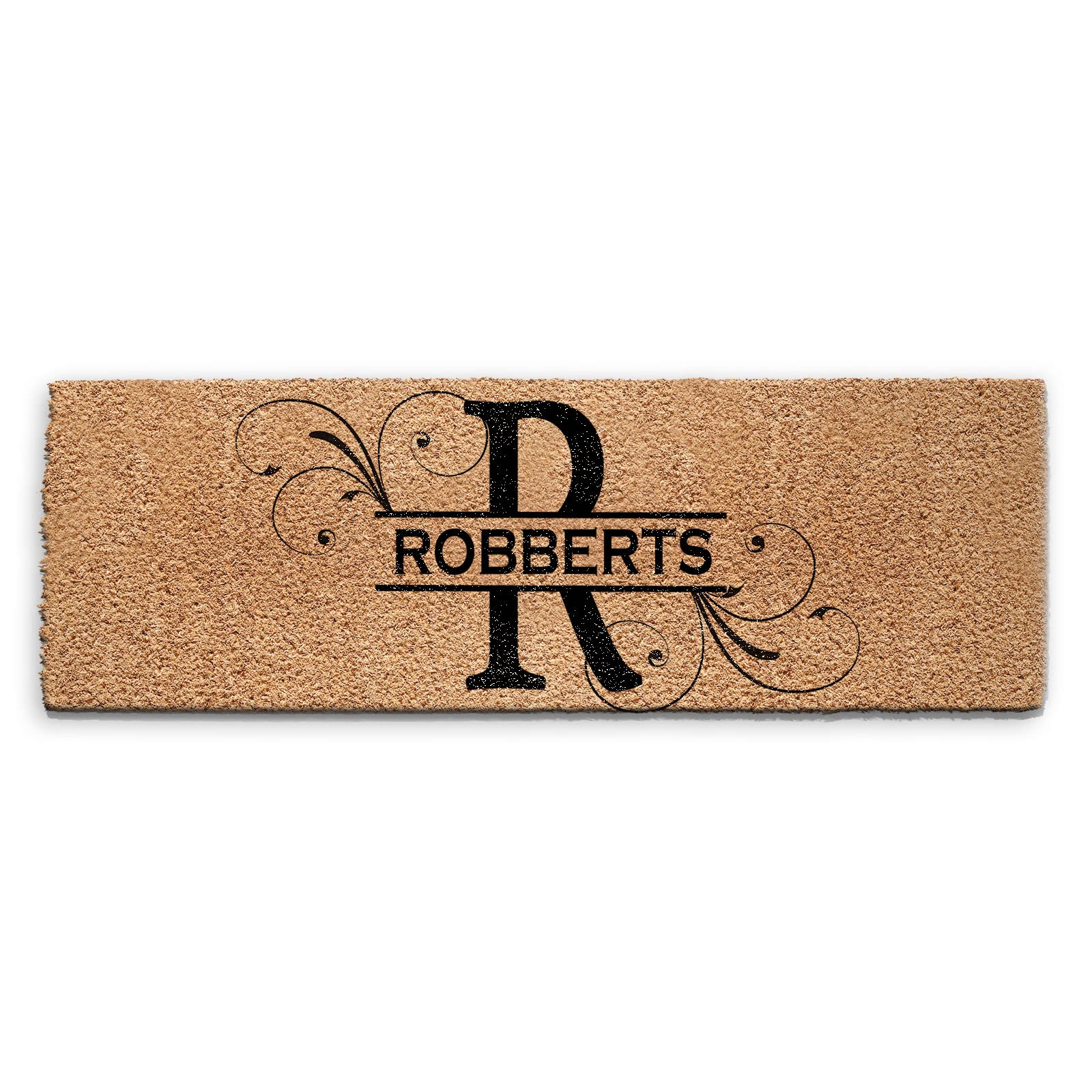 Personalised Doormat (240cm x 80cm) Large, Customise with Name, Initial Floral, Text, Coconut Core Fibre Heavy Duty Mat, Rug, Family Name and Initial Floral Indoor Natural Coir Ultra Wide Door Mat