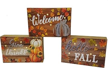 OSW LED Lighted Fall Wooden Block Plaques with Auto Timer, Set of 3 Autumn Tabletop Battery Operated