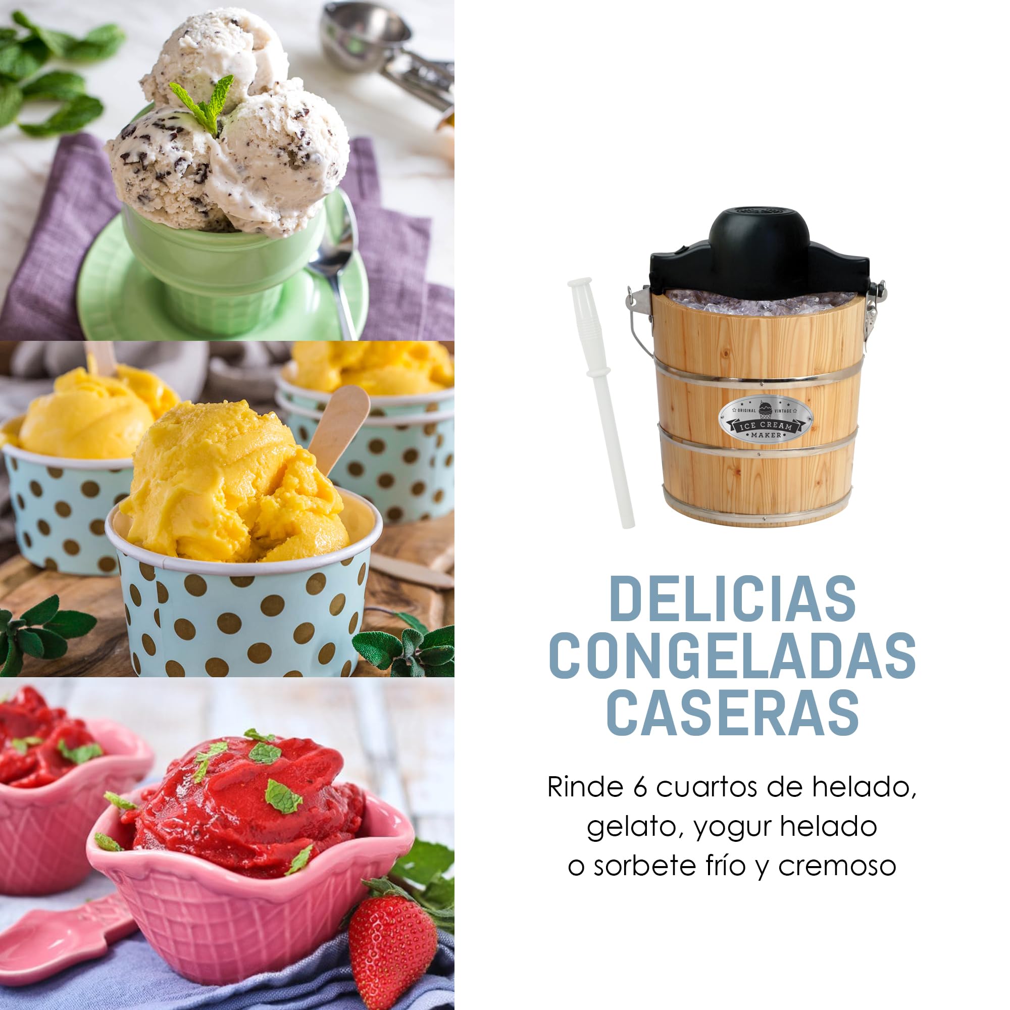 Elite Gourmet EIM916 Máquina de hacer helados eléctrica vintage en forma de cubo de madera de 5,5 l, manivela de fundido a presión clásica extra, usa sal marina para batir helados en minutos, pino