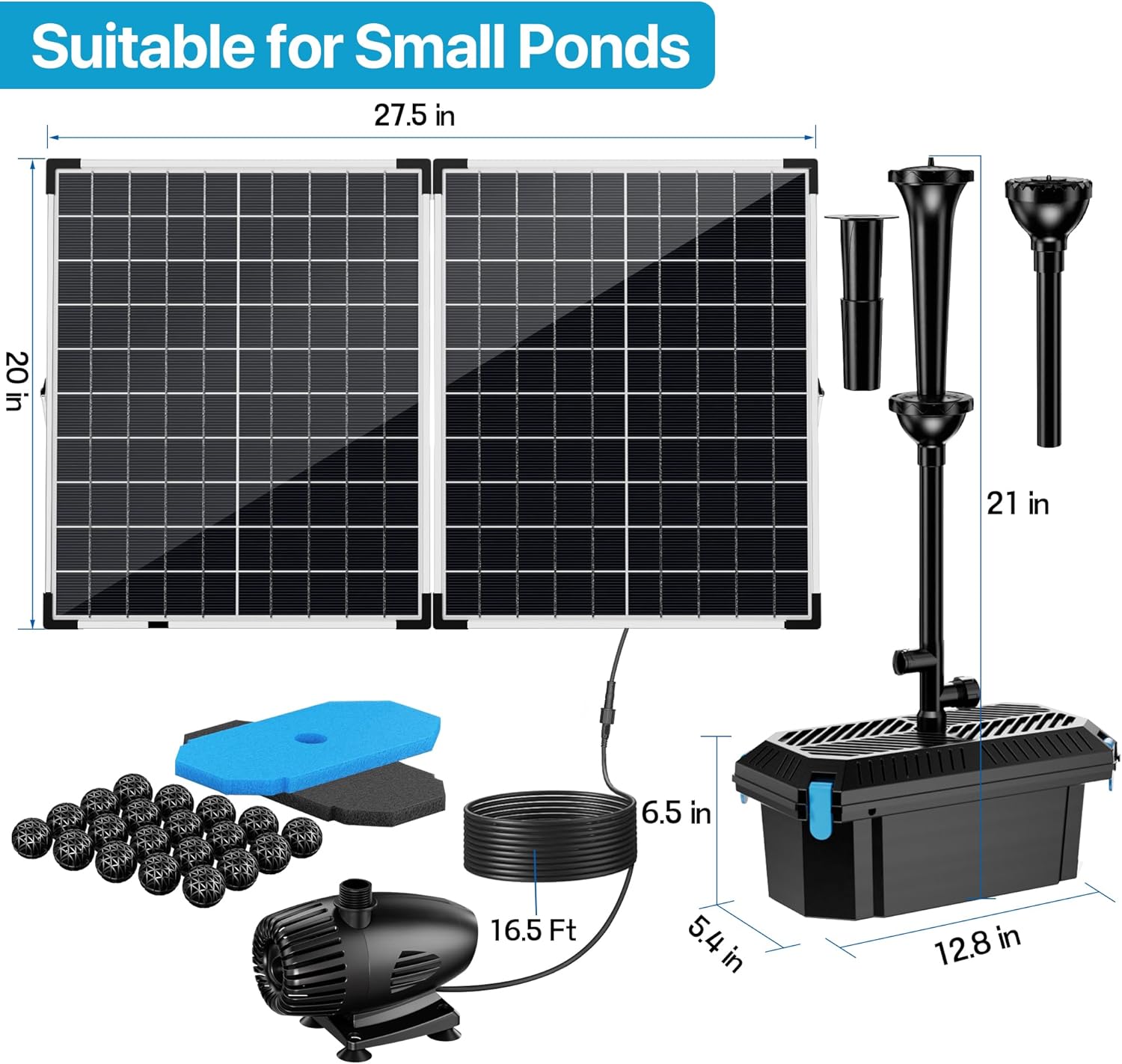 POPOSOAP 40W Pond Filter 660GPH with Pump Fountain Kits & 55W Solar Pond Filter 580GPH with Fountain Pump for Outdoor Ponds Fish Tank Pool Garden Water Feature Waterfall
