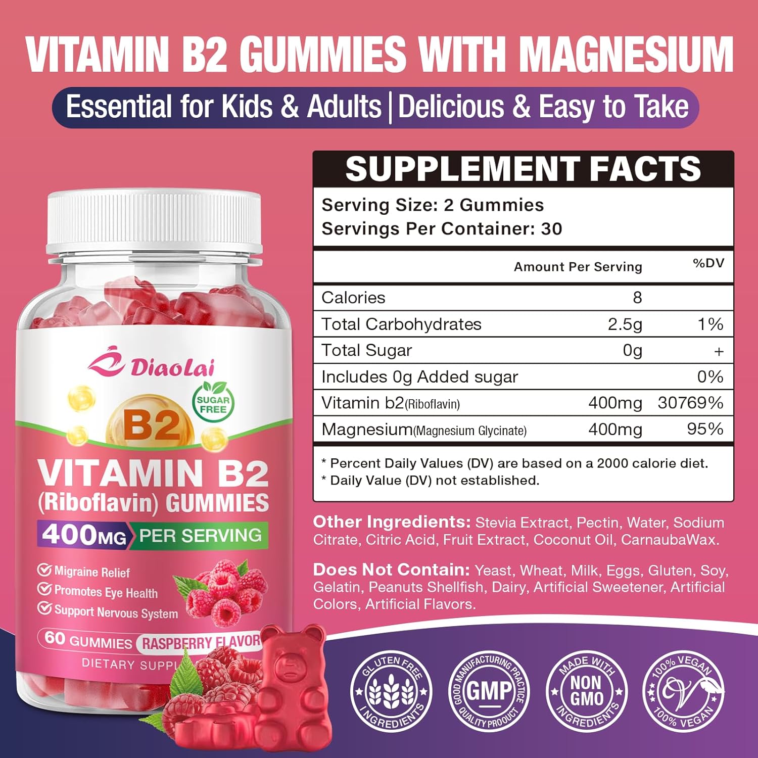Vitamin B2 Gummies Riboflavin 400mg Supplement with Magnesium for Kids & Adults, B2 Gummies for Migraine Relief & Nervous System Support, Vegan, Raspberry Flavor, 120 Count - Image 2