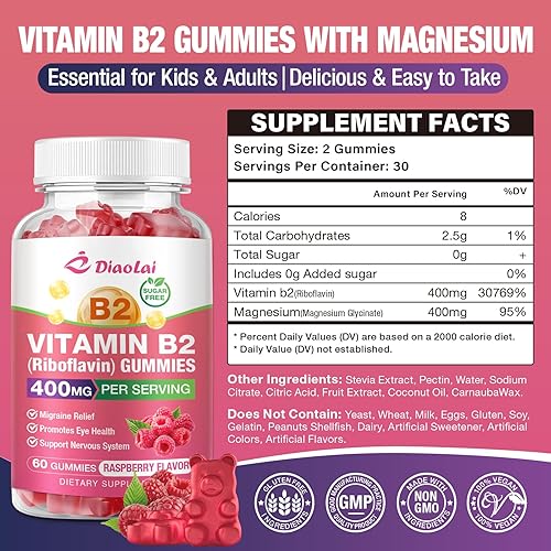 Miniatura 2 de Gomitas de vitamina B2 Riboflavina de 400 mg con magnesio para niños y adultos, gomitas B2 para alivio de la migraña y apoyo del sistema nervioso,