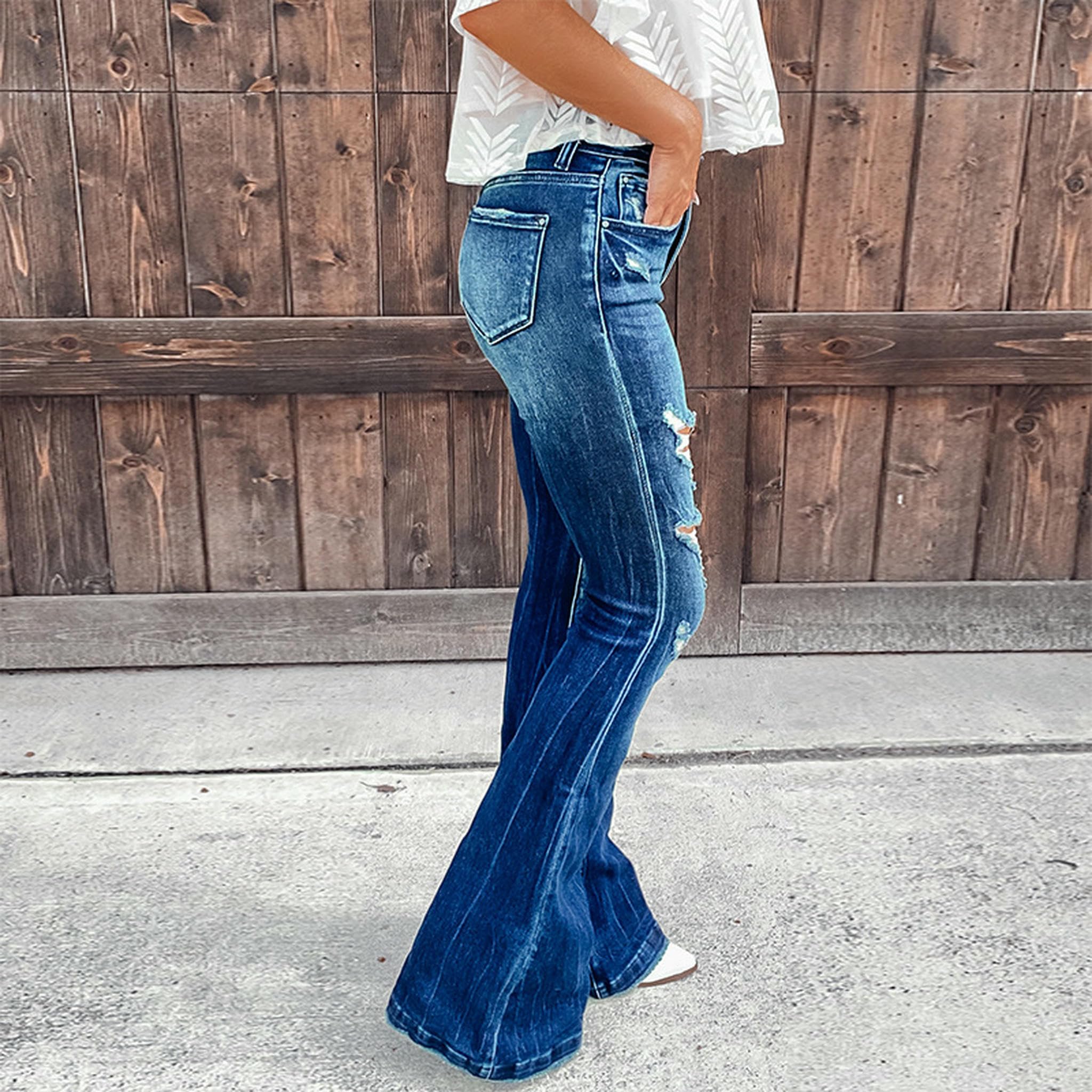 Jeans da Donna Temperamento Casual Primavera E Estate Femminile Strappato Pantaloni A Pedaggio Vita Piena di Strappati-Blu Scuro-m