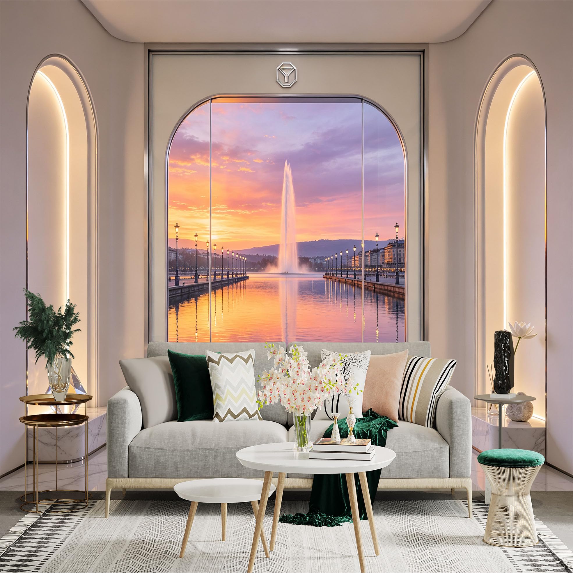 Custom Size Wall Sticker Mural， Sunset Lake Fountain Waterfront Cityscape， for wall Decoration， peelandstick wall Decals.