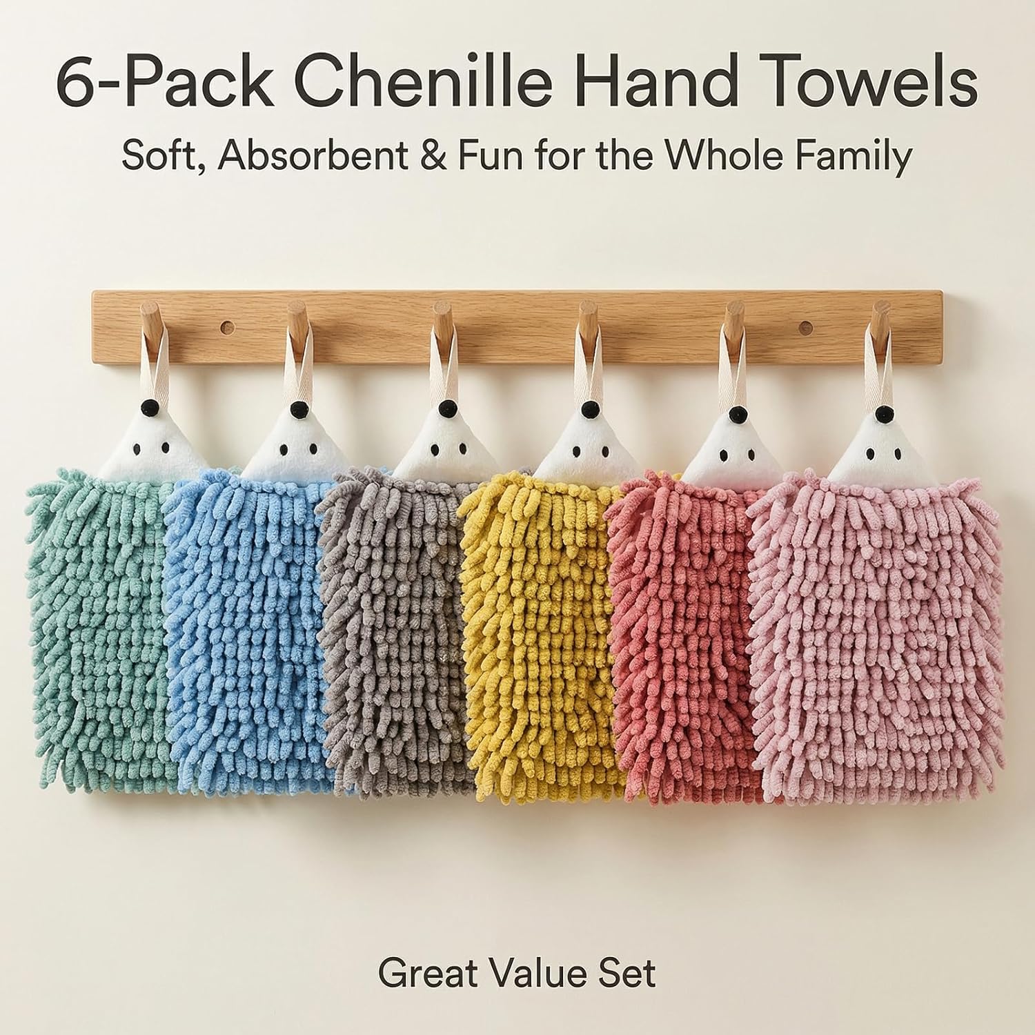 6 Pack Chenille Hand Towel, Fuzzy Ball Hand Towel Bulk with Hanging Loops Cute Hedgehog Design Soft Skin-Friendly Fabric Absorbent Cute Towels for Bathrooms, Kitchens and Washbasins-6 Colors