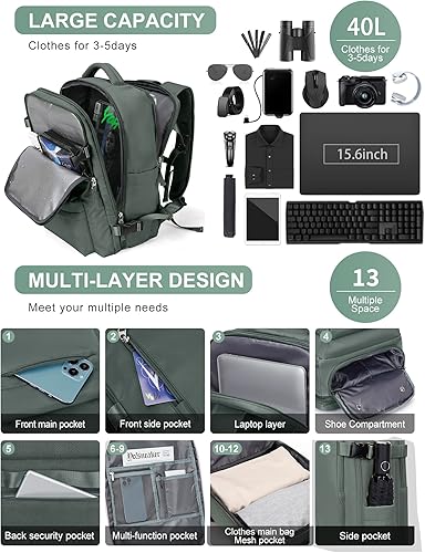 Miniatura 9 de winspansy Mochila de viaje para mujer y hombre, A12-verde (juego de 2 piezas), Grande