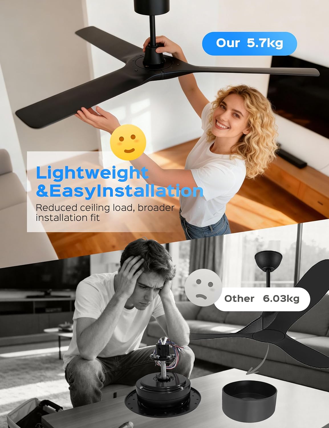 60 Inch Ultra-thin Ceiling Fan Without Lights, Whole Aluminum DC Motor and Blades,6 Speed Adjustable Black Indoor Outdoor Ceiling Fan for Patios and Bedroom