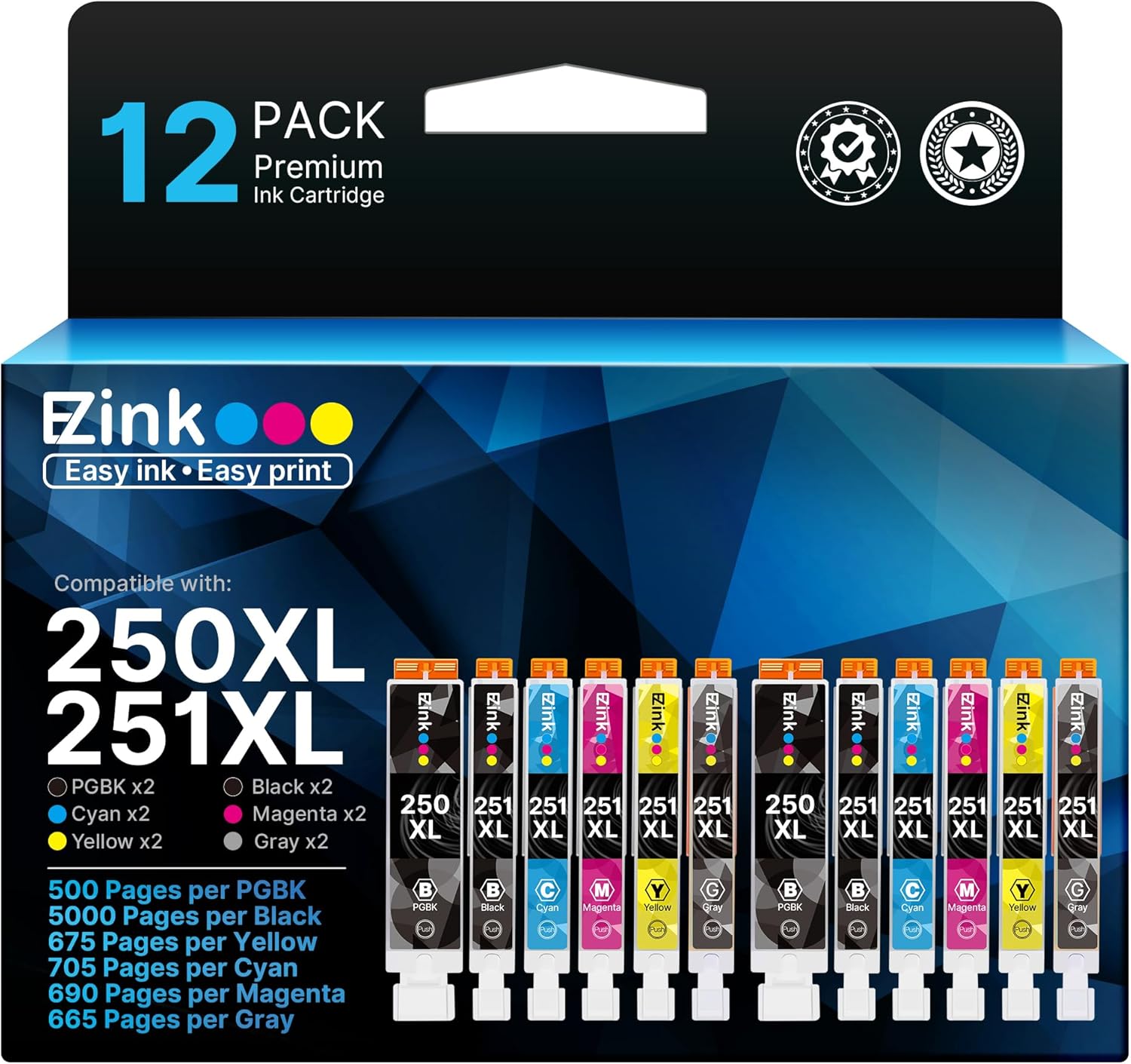 E-Z Ink Compatible Ink Cartridges Replacement for Canon 250 251 PGI-250XL CLI-251XL to use with Pixma MG6320 MG7120 MG7520 IP8720 (12 Pack, 2 PGBK, 2 Cyan, 2 Magenta, 2 Yellow, 2 Black, 2 Gray)