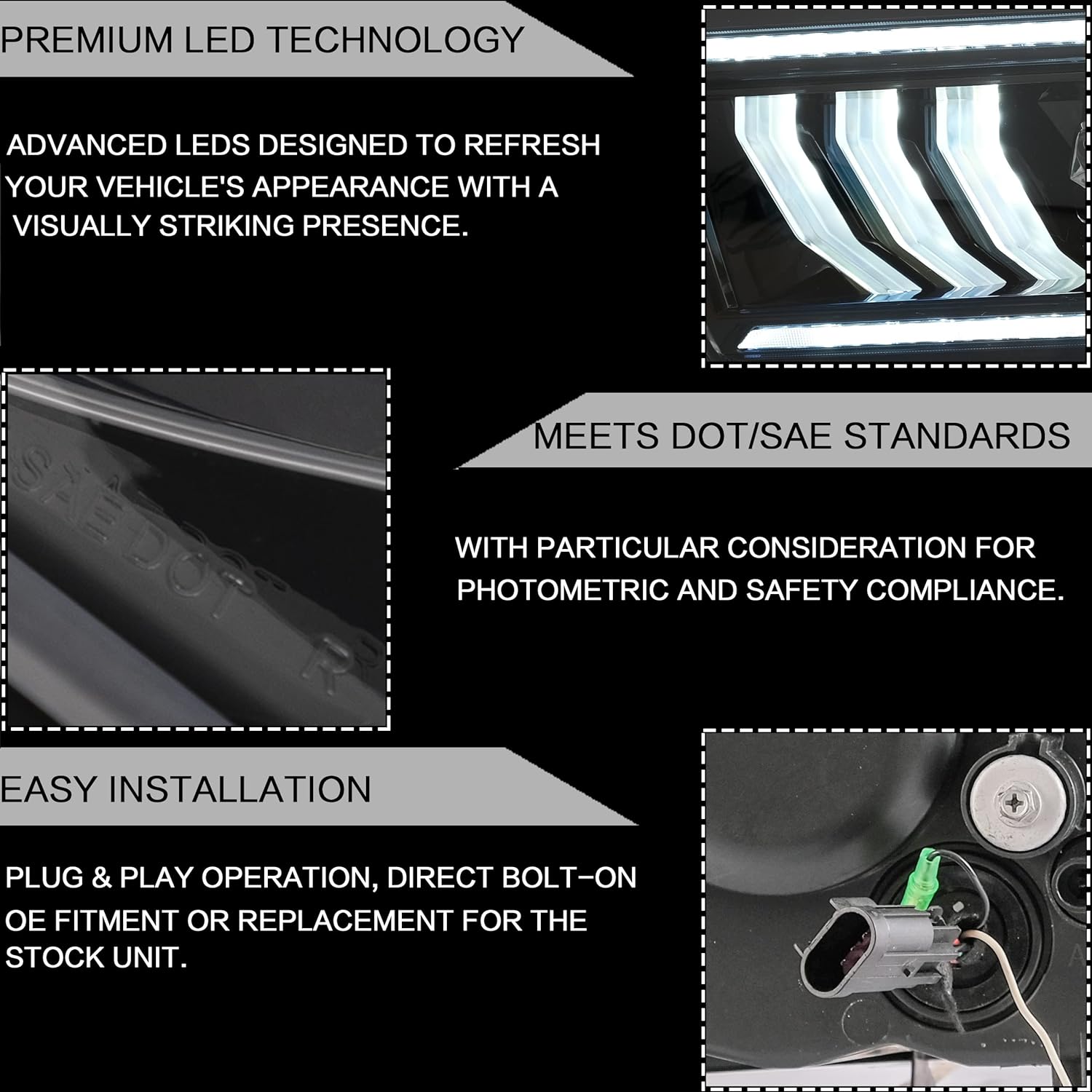 VLAND Headlights Compatible with Ford Mustang 2005-2009 (not for Shelby GT500/ GT500KR), Headlamps with Sequential Turn Signal, Projector Headlights