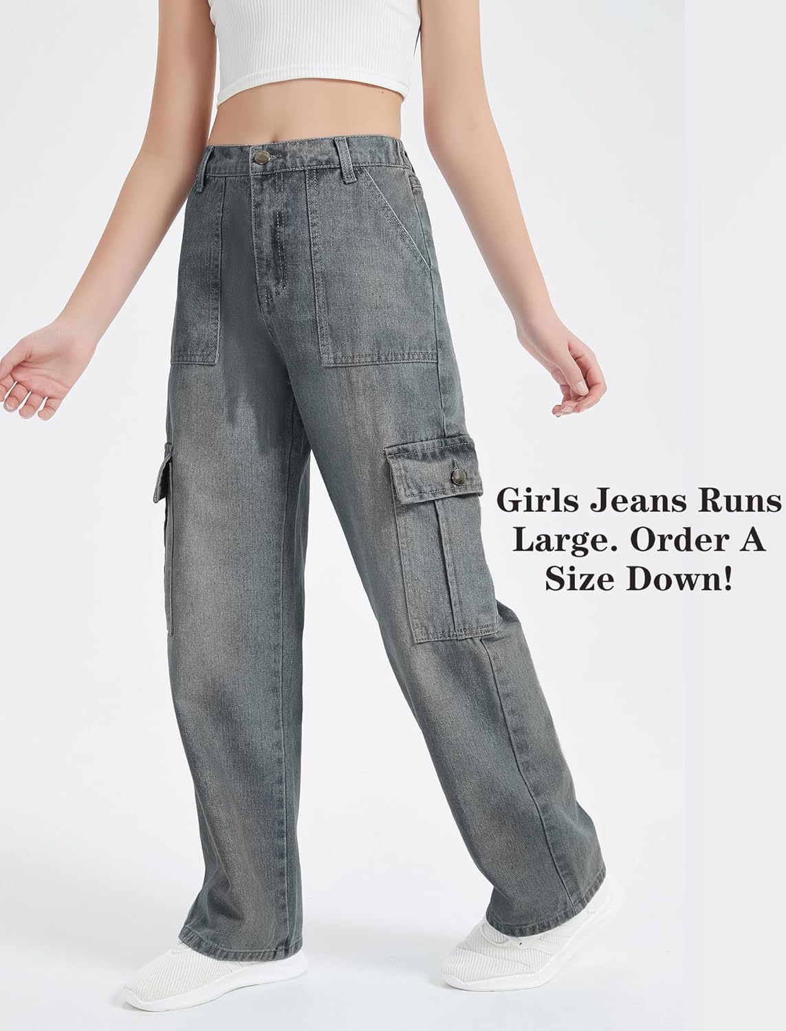 EXARUS Girls Jeans Cargo Wide Leg Baggy Denim Straight Loose Pants Tween Elastic High Waistband Pockets Youth Clothes - Image 3