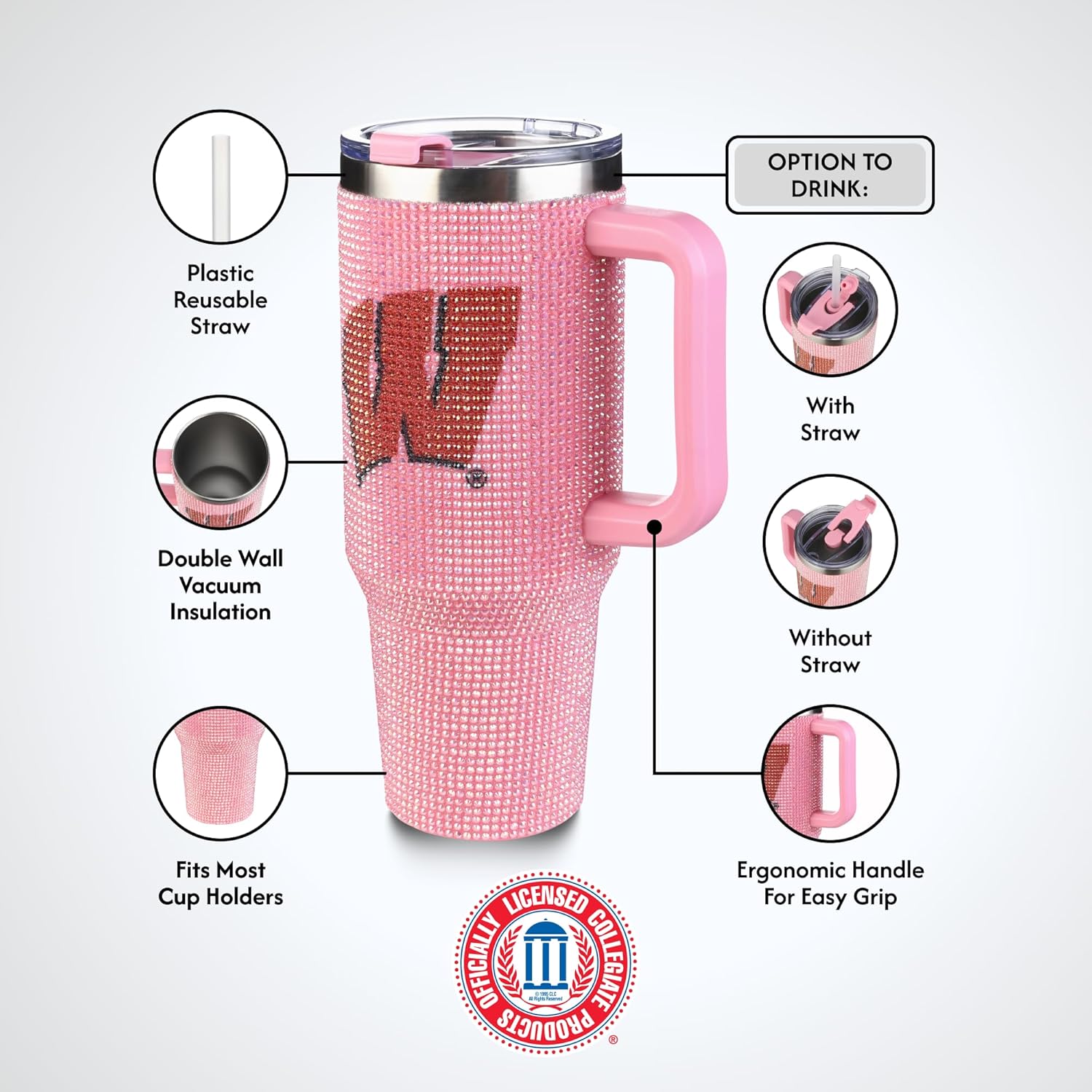 The Memory Company Officially Licensed 40oz Pink Bling Game Day Tumbler, University of Wisconsin