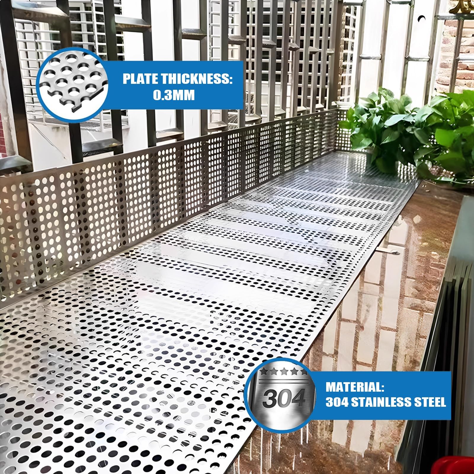 Tôle perforée déployée en acier inoxydable 304, treillis métallique à monter soi-même, tôle perforée for la protection décorative des balustrades de balcon(W20*L400cm/W7.87*L157.4in)
