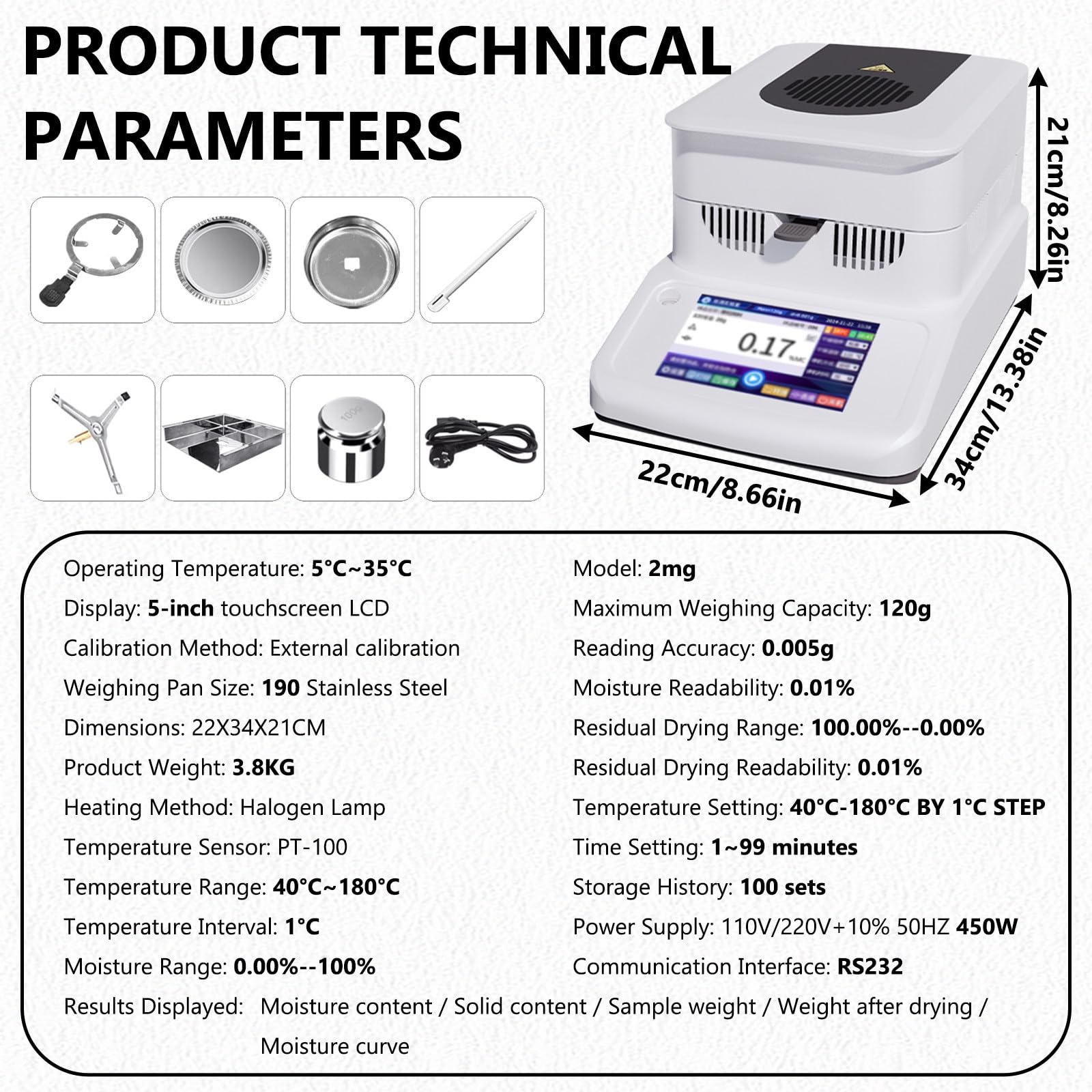 Feuchtigkeitsanalysator, 0,001g Lesbarkeit Touchsn Laborwaage 120g X,001 Gramm, mit 5-Zoll-Touch-LCD-Bildschirm, for Lebensmittel, Tee, Getreide,Lebensmittel 2mg