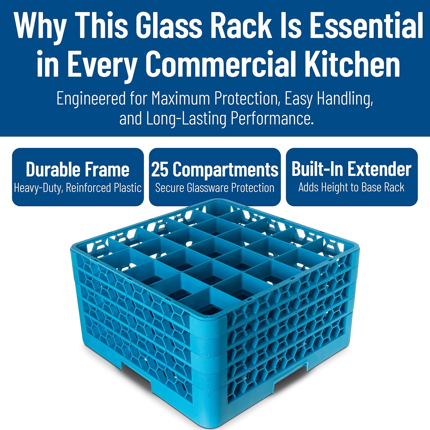 Carlisle FoodService Products RG25-414 OptiClean 25 Compartment Glass Rack with 4 Extenders, 3-1/2" Compartments, Blue (Pack of 2)