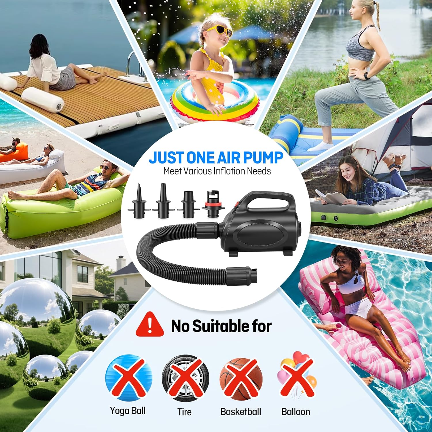 650W Electric Air Pump for Inflatables Air Mattress - Powerful Quick Fill Inflator/Deflator Pump for Gymnastics Mat Pool Float Raft, Portable Air Pump with Storage Bag AC 110-120V