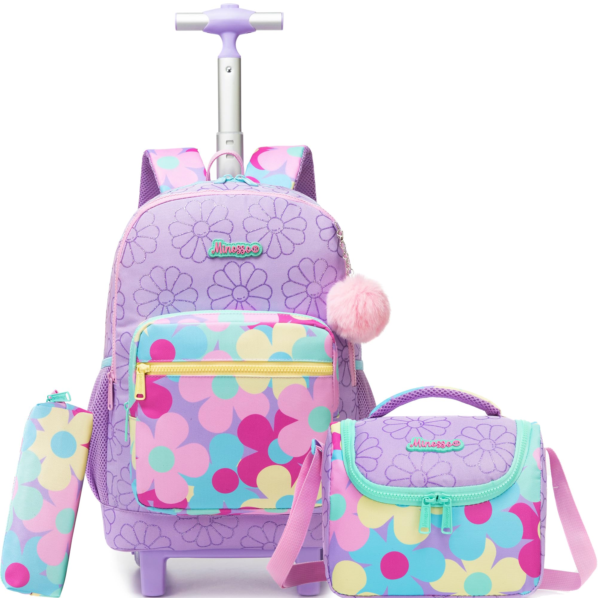 HTgroce Schulrucksack Trolley Mädchen Blumen Motiv – Ergonomischer Schulranzen mit Rollen für Grundschule 2. Klasse