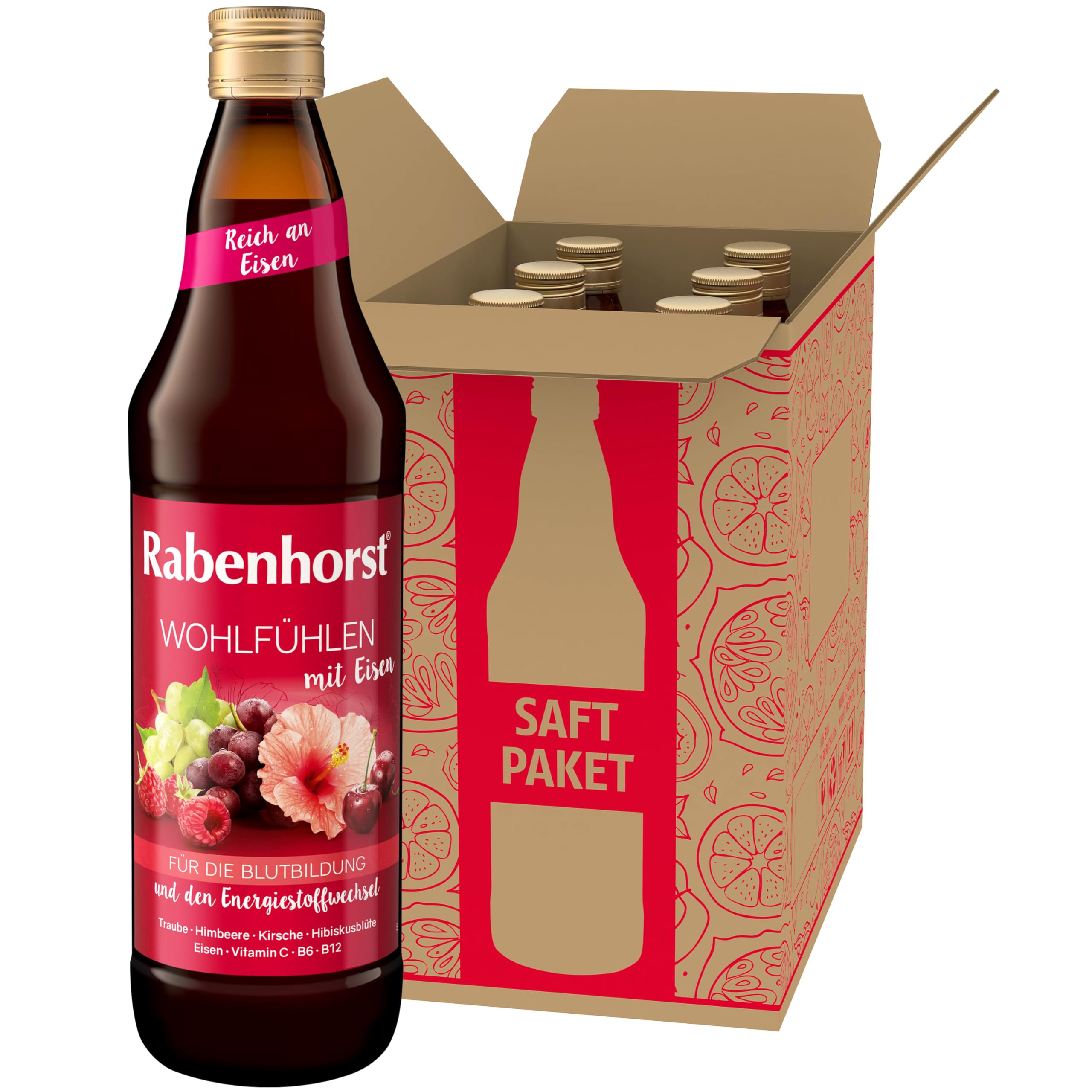 RABENHORST Wohlfühlen mit Eisen 6er Pack (6 x 700 ml) - Mehrfruchtsaft mit Hibiskusblüten-Essenz, Eisen, Vitamin C, B6 und B12 für die Blutbildung und den Energiestoffwechsel