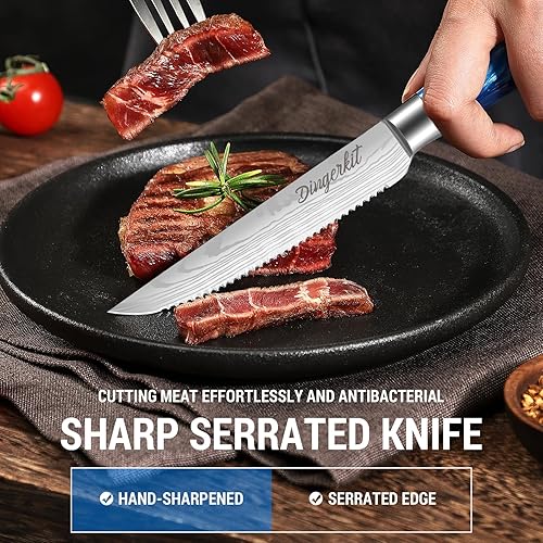 Miniatura 4 de Dingerkit Juego de 4 cuchillos para carne, cuchillos de carne dentados, cuchillos de carne de acero inoxidable con mango de madera de Pakkawood,