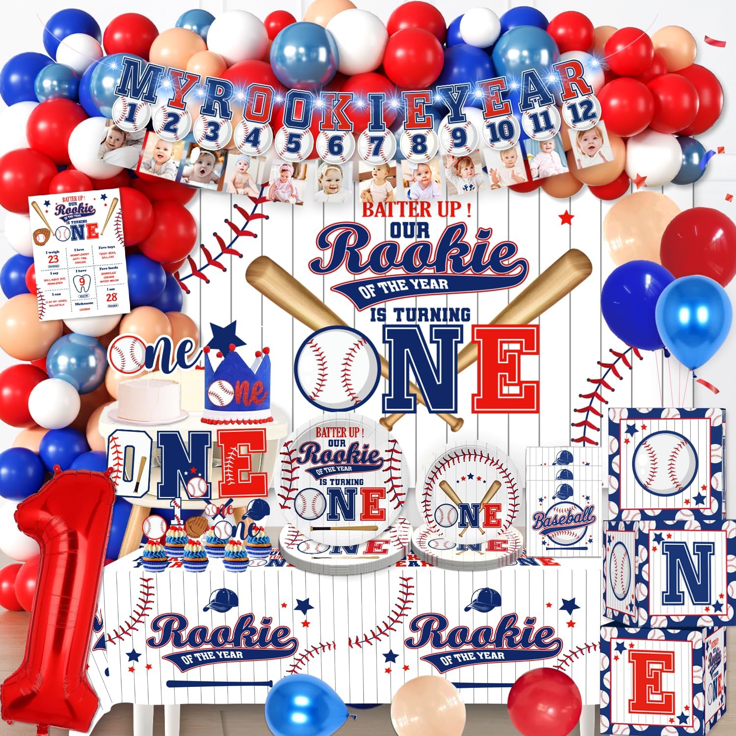 cocomigo Rookie of the Year First Birthday Decorations for Boys - 200 Pcs Party Kit with Balloon Arch, Backdrop, Tableware, Balloon Box, Highchair Banner - Rookie Year Themed Decor for 20 Guests