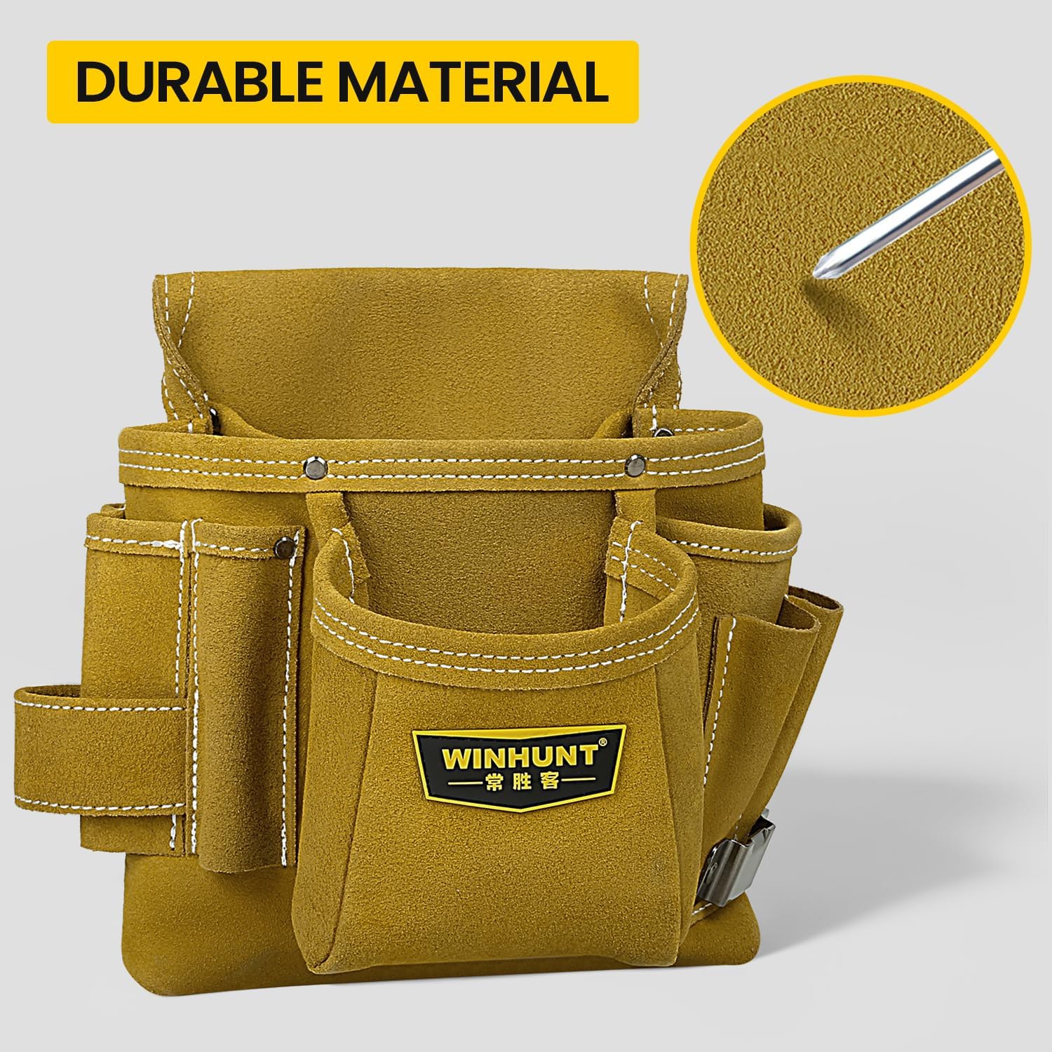 WINHUNT Leather Tool Pouch, Multiple Pockets, Tan Suede Construction, Professional Carpenter Utility Bag