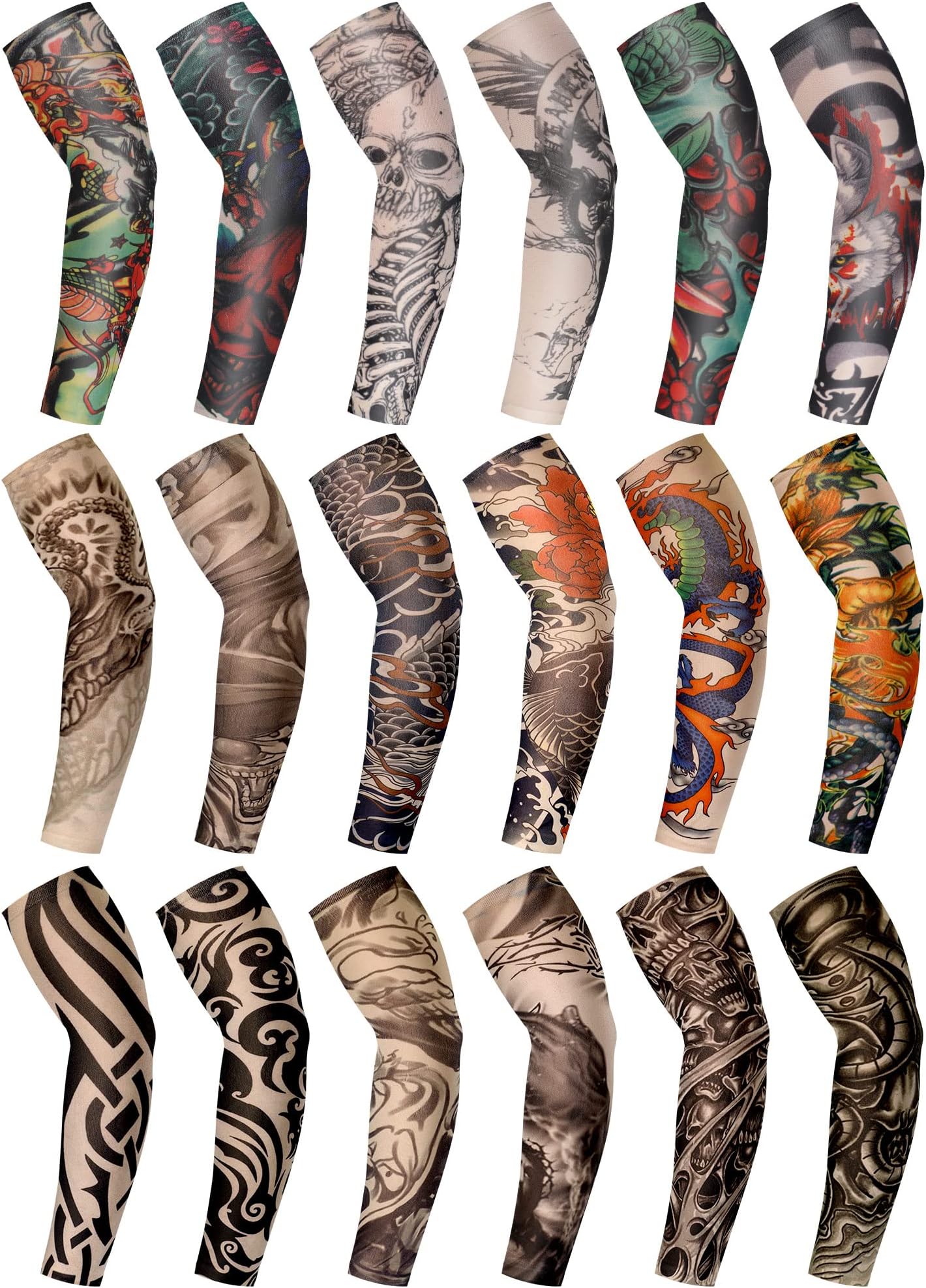 Geyoga 18 Pcs Tattoo Sleeves for Men Arts Fake Temporary Tattoo Arm Sunscreen Sleeves Cosplay Accessories