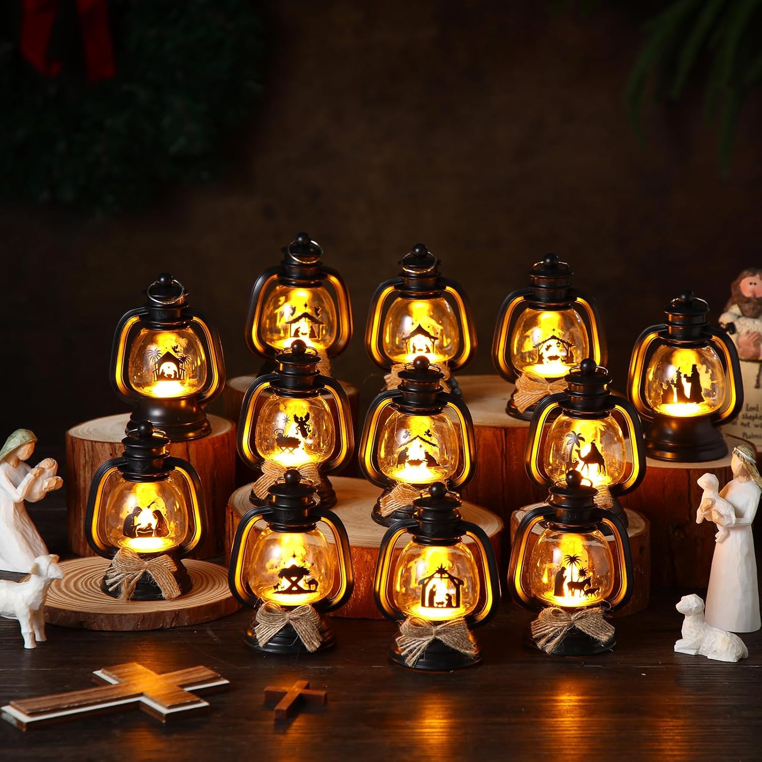 ROCEEI 24 Pcs Christmas Mini Religious Lantern Nativity Scene Table Centerpiece Decorative the Birth of Jesus Small Portable Lanterns with LED Candles for Holy Night Tree Indoor Outdoor Party Decor