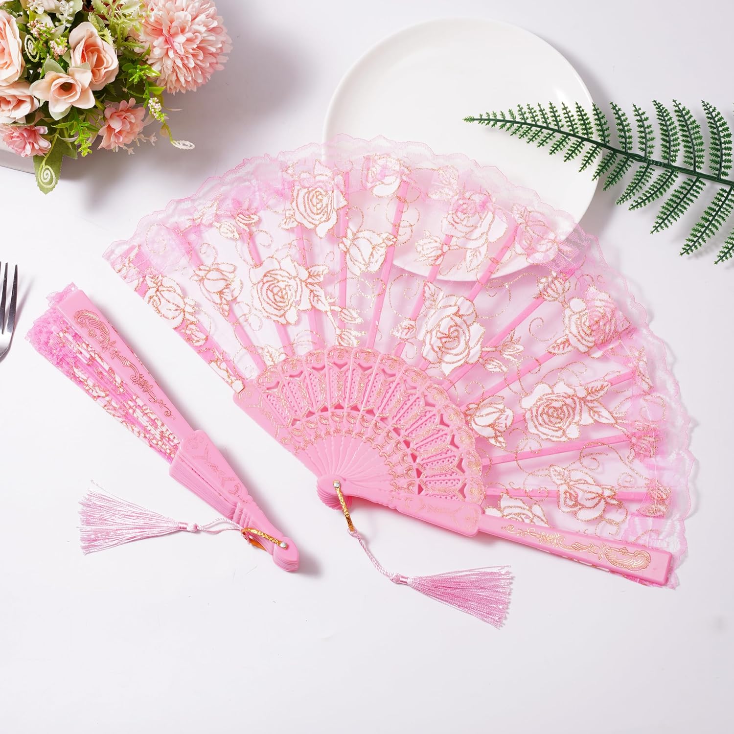 30pcs Pink Rose Lace Floral Folding Hand Fans Chinese retro folding fan Bridal Dancing Props Church Wedding party favors with Organza Bags