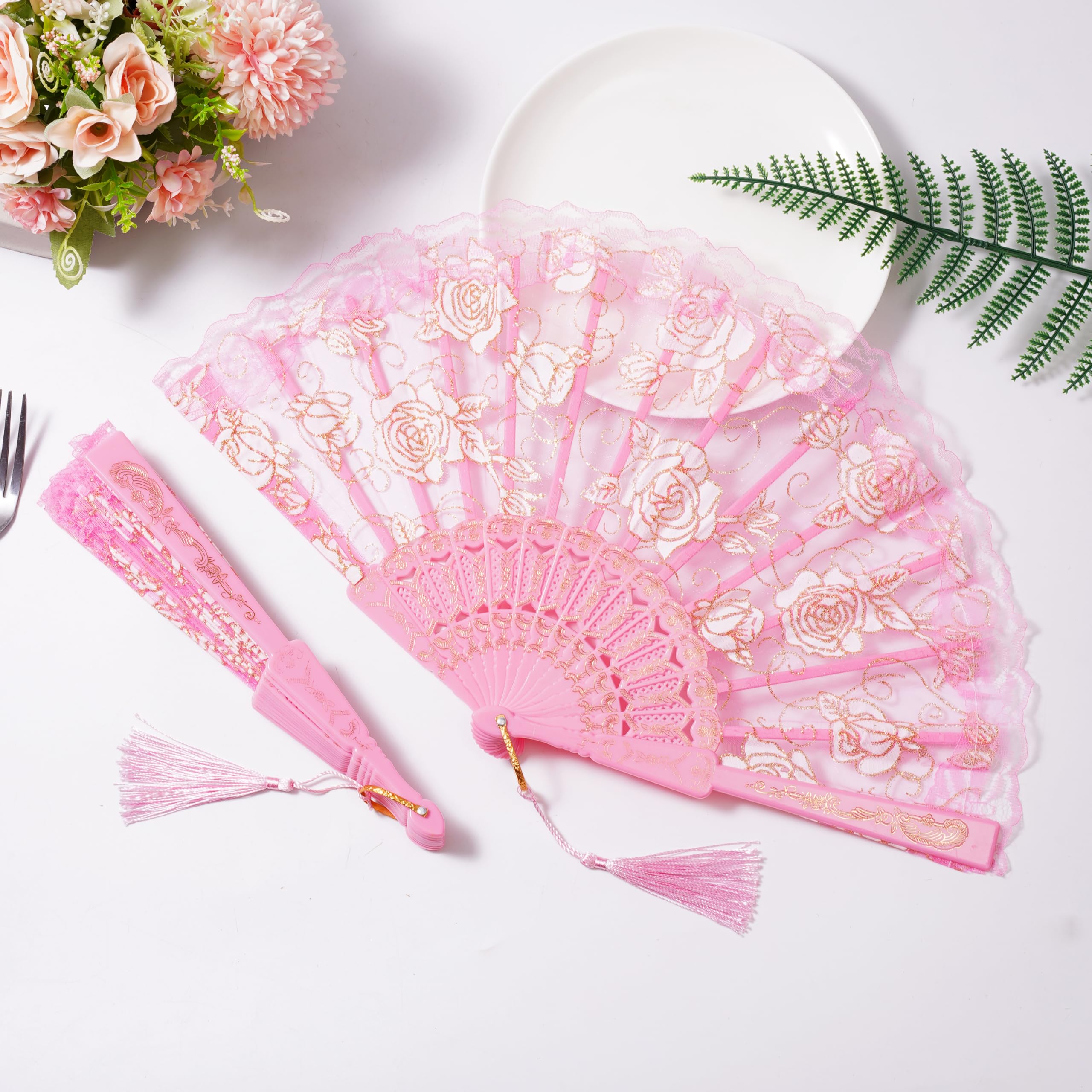 Amazon.com: Sepwedd 30pcs Pink Rose Lace Floral Folding Hand Fans
