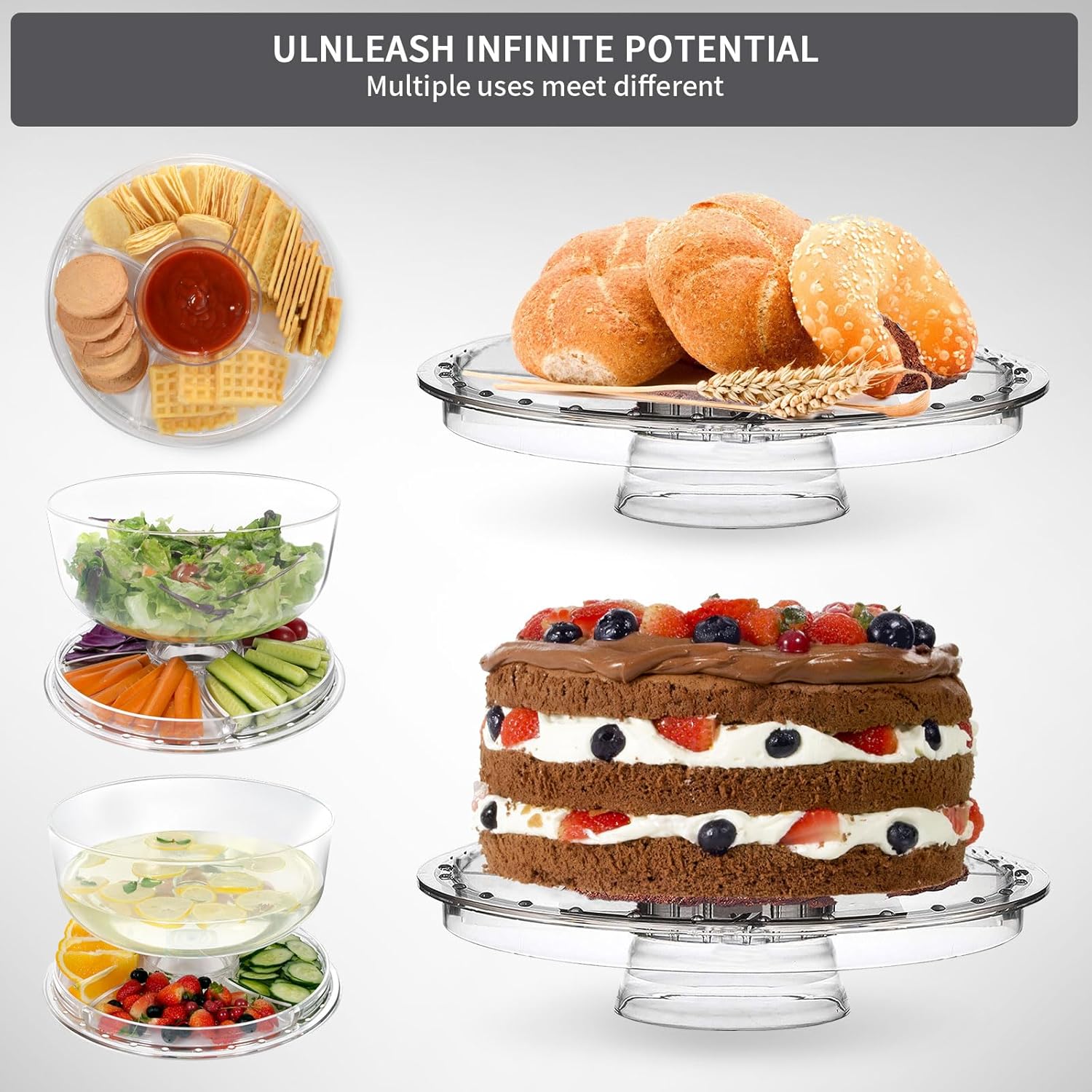 Masthome Cake Stand with Demo Cover, 6 in 1 Multi-Functional Serving Platter Display Stand for Christmas Wedding Party, Acrylic Cake Plate/Salad Bowl/Dessert Platter, BPA-Free, Send 2 Spoon