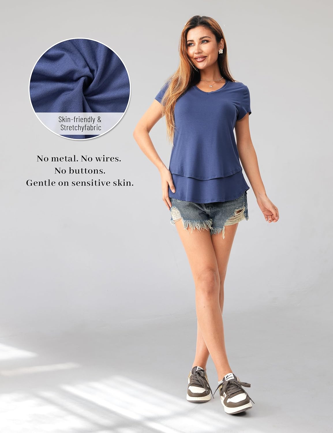 SUNNYBUY 3 Pack Hidden Nursing Tops for Breastfeeding Women Double Layer V Neck Maternity Shirts Postpartum Tee - Image 5