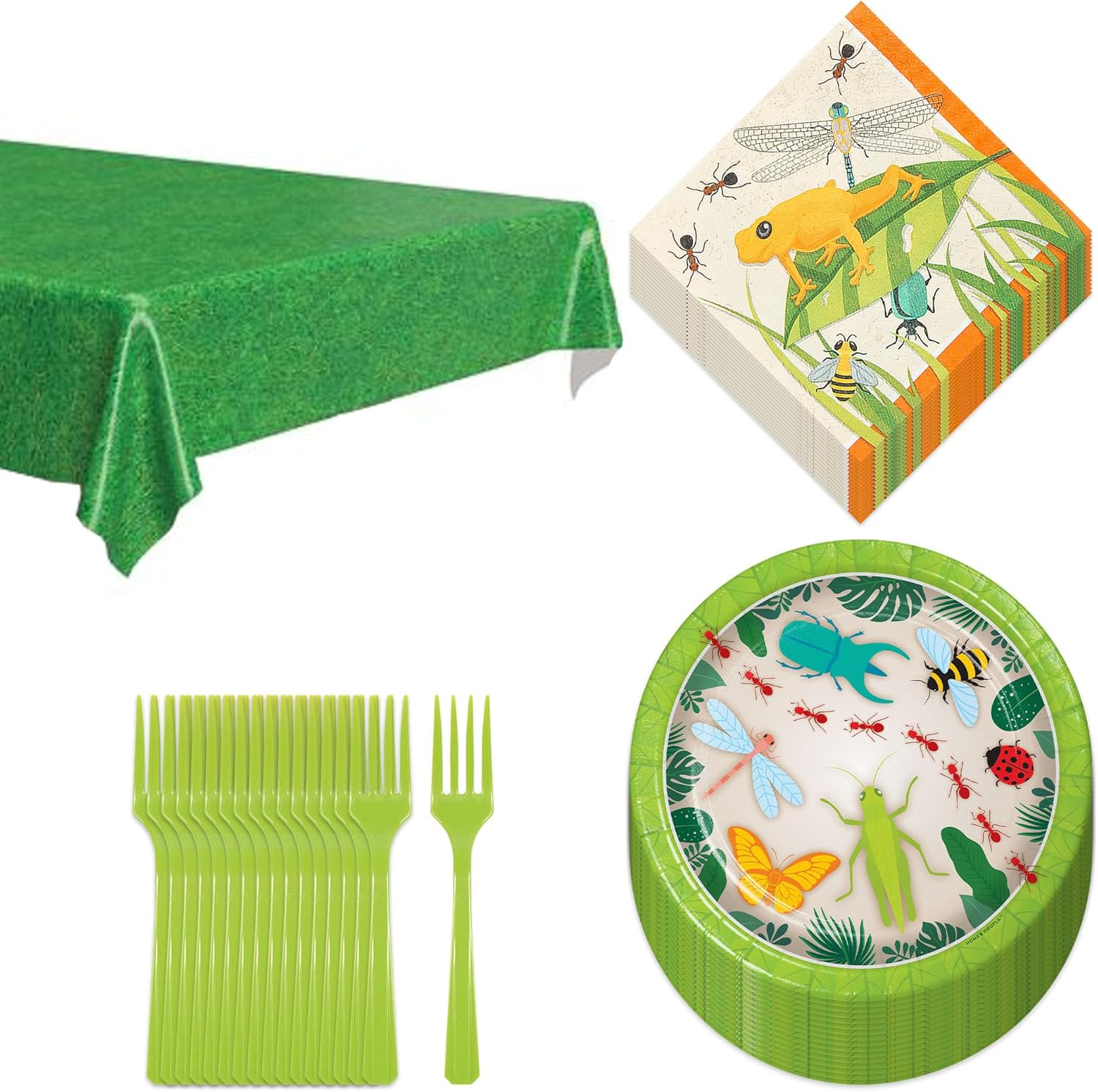 Insect Party Pack - Bug Party Paper Dessert Plates, Napkins, Forks, and Table Cover Set (Serves 16)